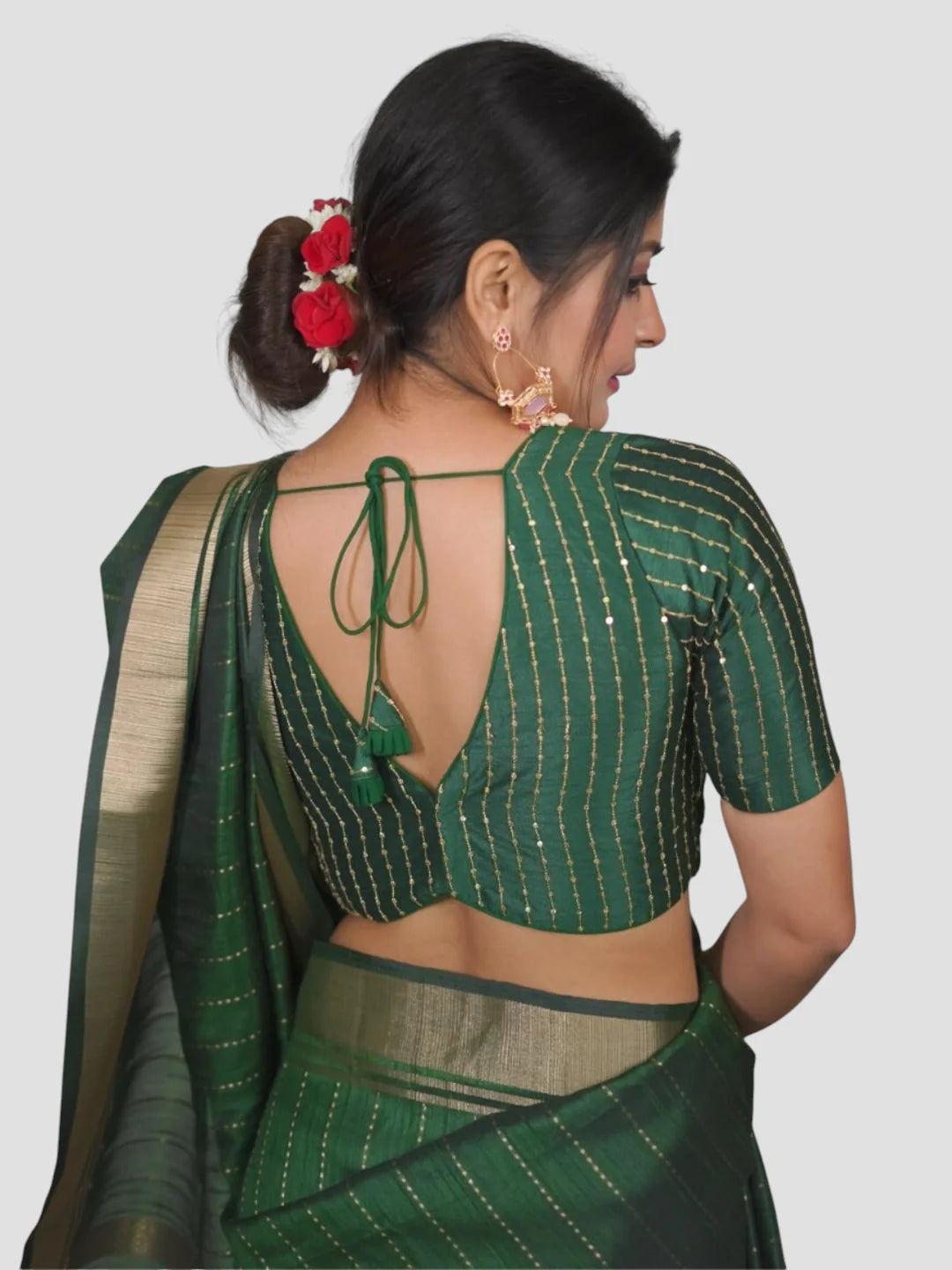Green Silk V Neck Half Sleeves Readymade Blouse