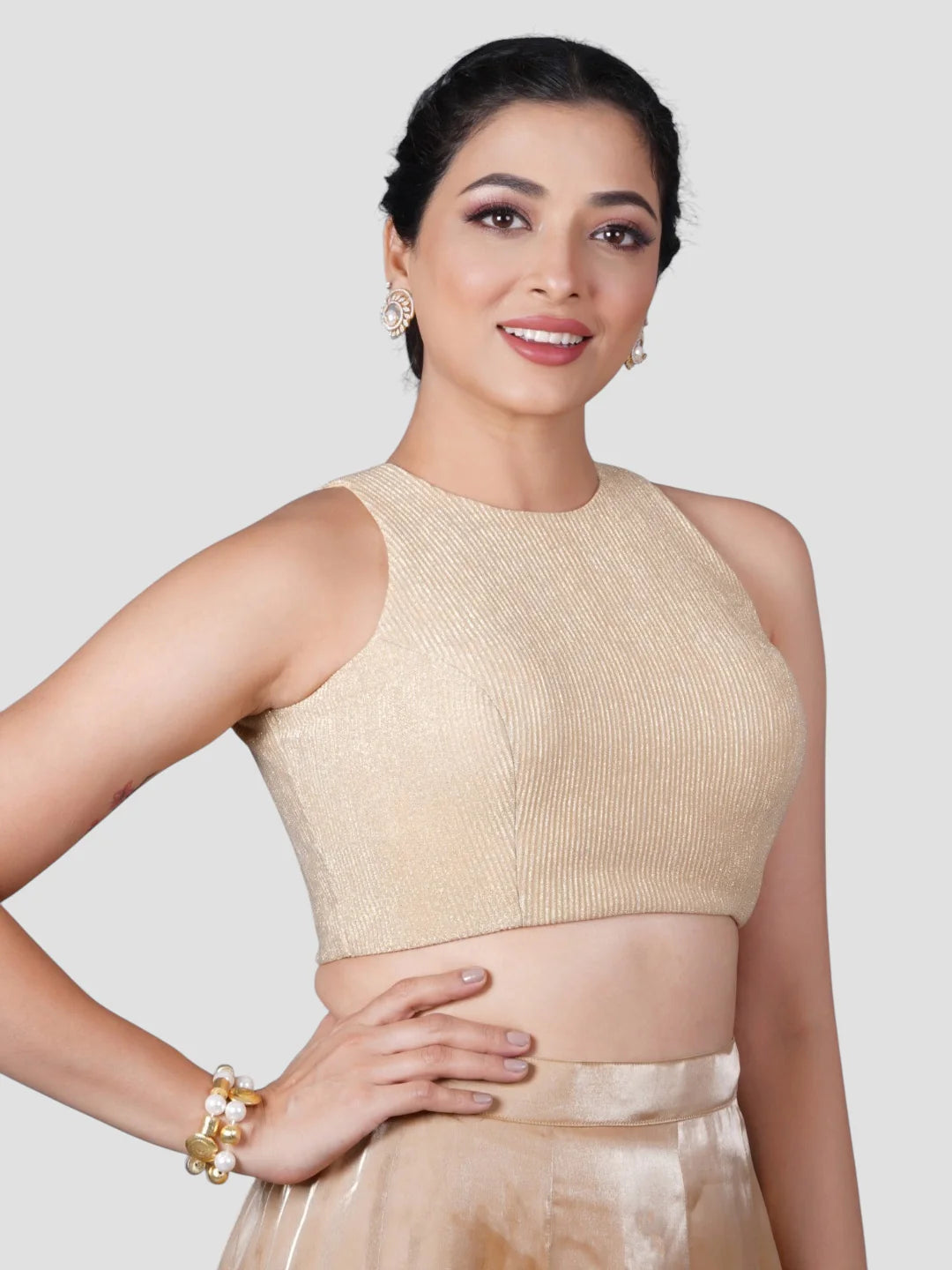 Gold Incut Crush Fabric Sleeveless Readymade Blouse