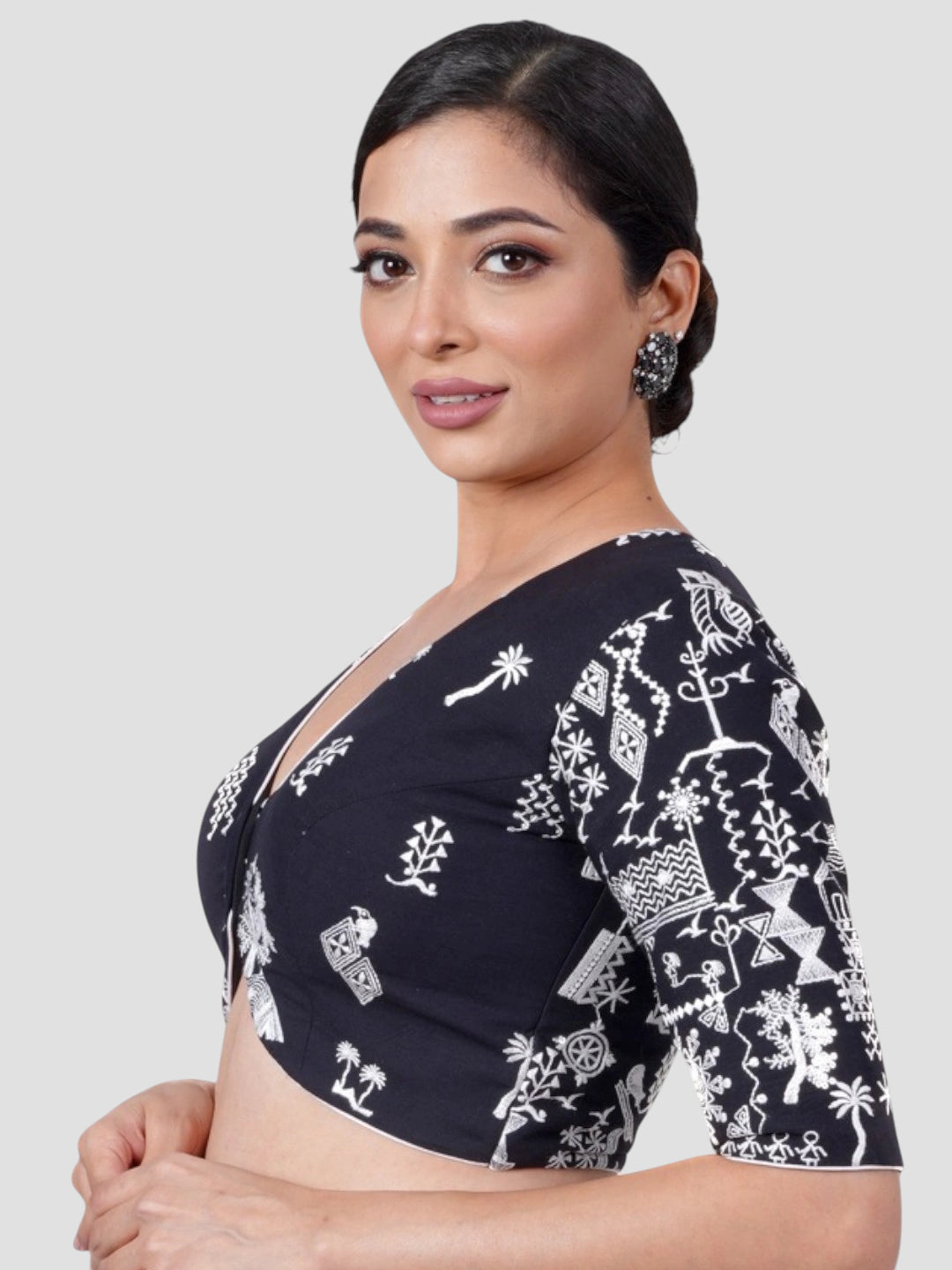 Black Cotton V Neck Half Sleeves Readymade Blouse