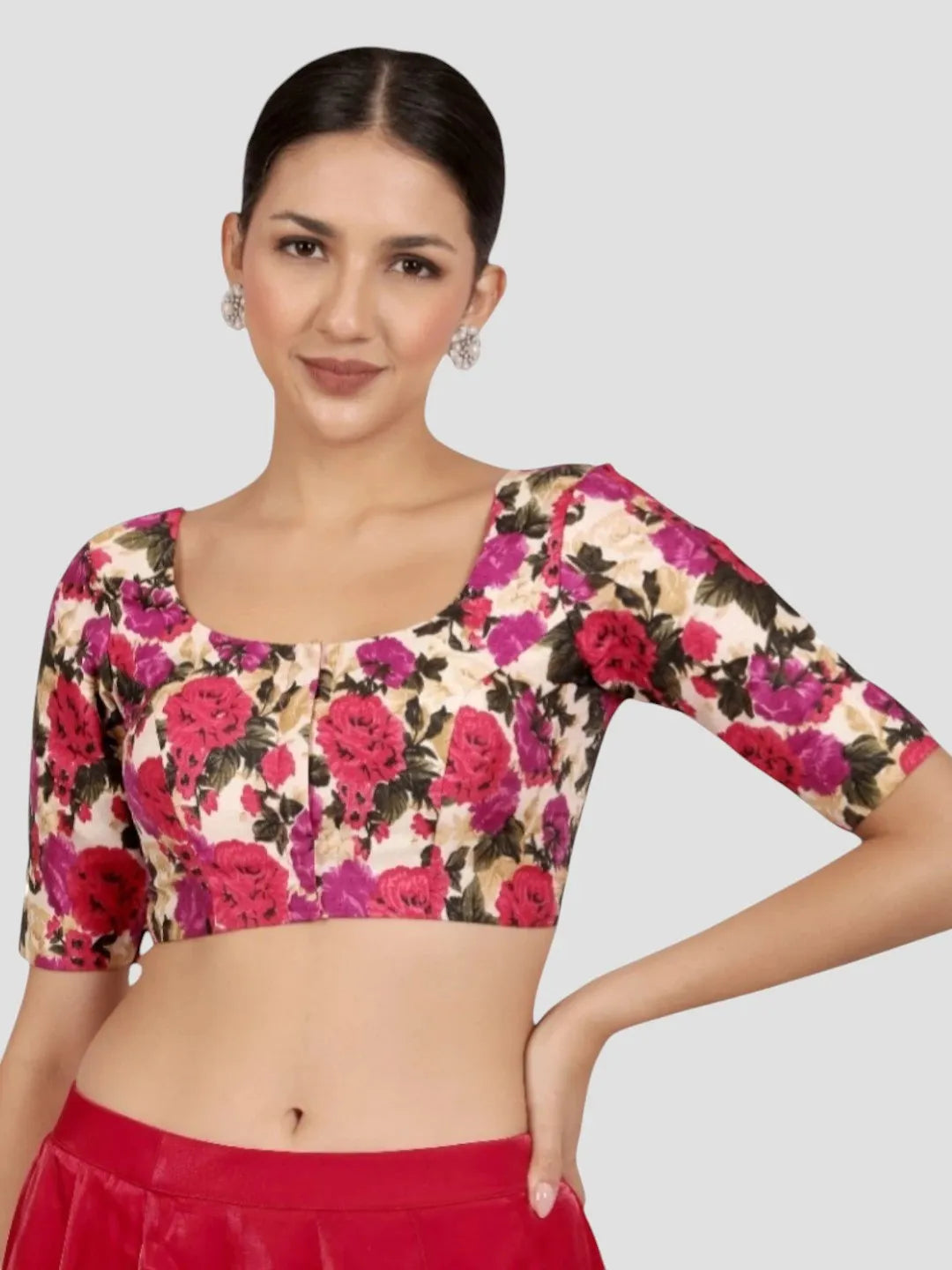 Cream with Pink Floral Print Art Silk Readymade Saree Blouse