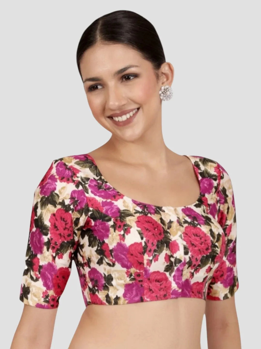 Cream with Pink Floral Print Art Silk Readymade Saree Blouse