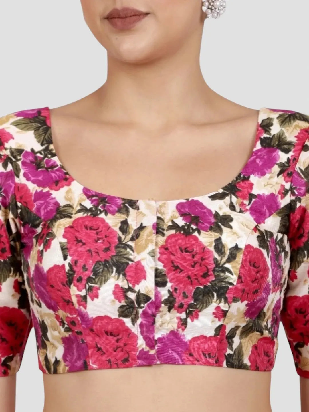Cream with Pink Floral Print Art Silk Readymade Saree Blouse
