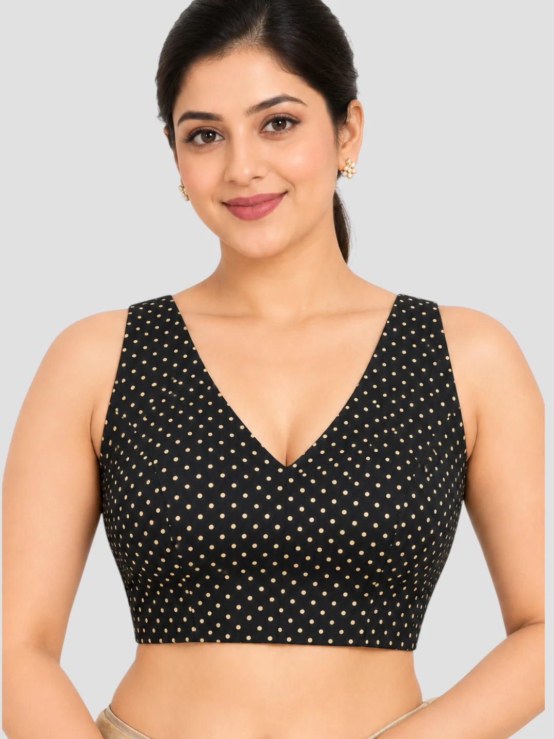 Black Silk Polka Dot Sleeveless Blouse with Deep V-Neck, Broad Shoulder Straps and Back Open Design