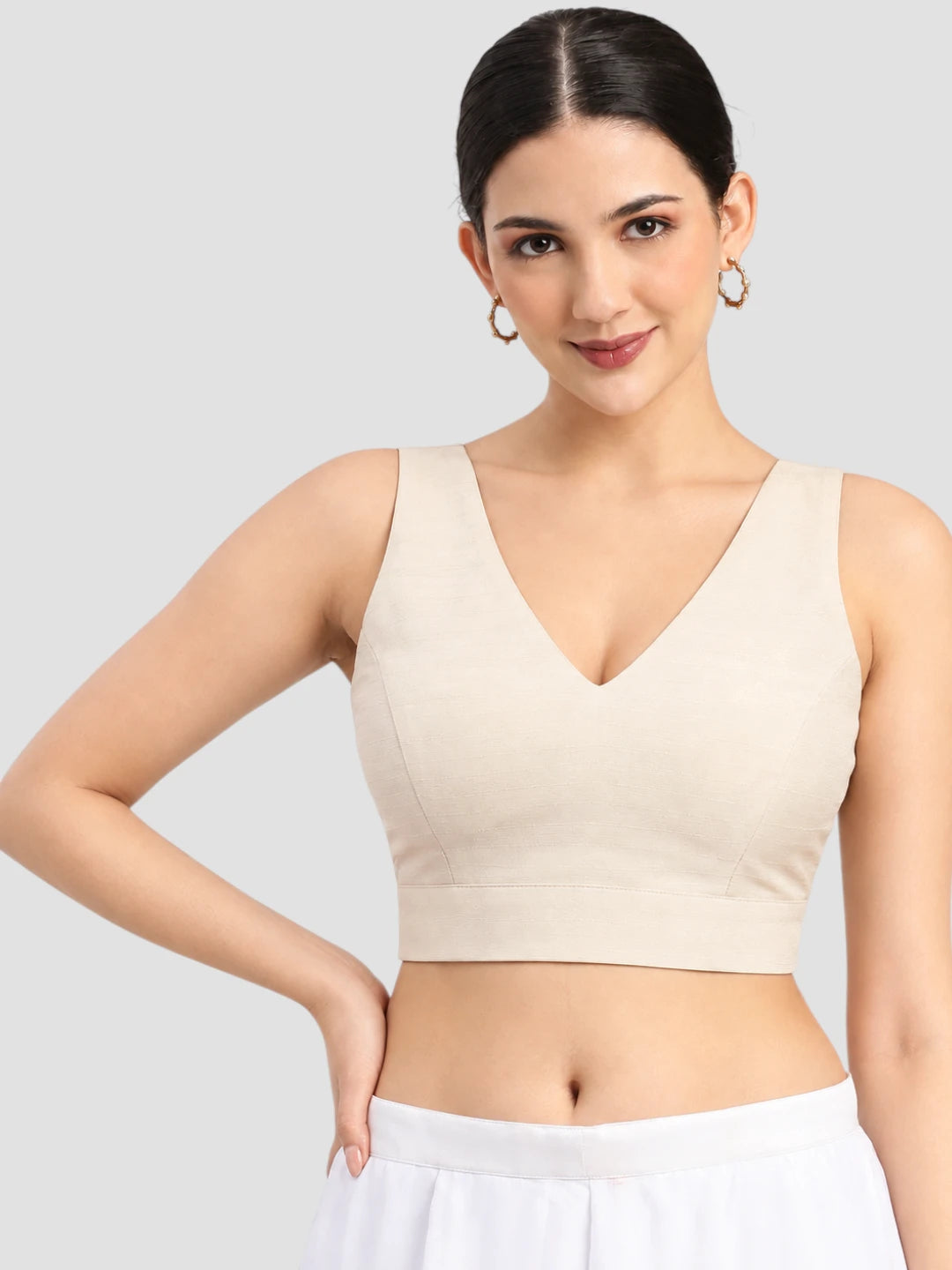 Cream Sleeveless V-Neck Stylish Solid Crop Ready to Wear Blouse