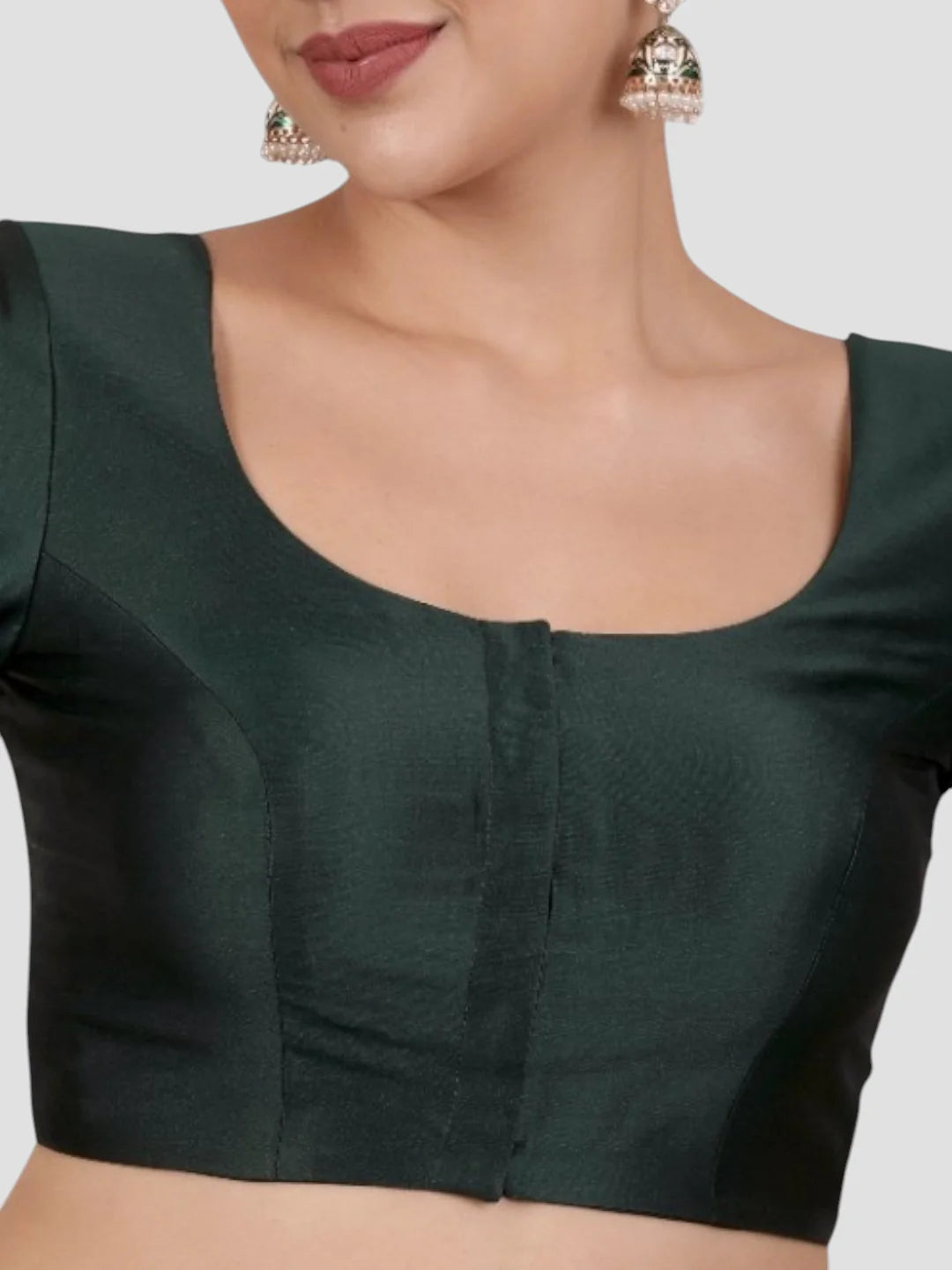 Bottle Green Silk Round Neck Half Sleeves Readymade Blouse