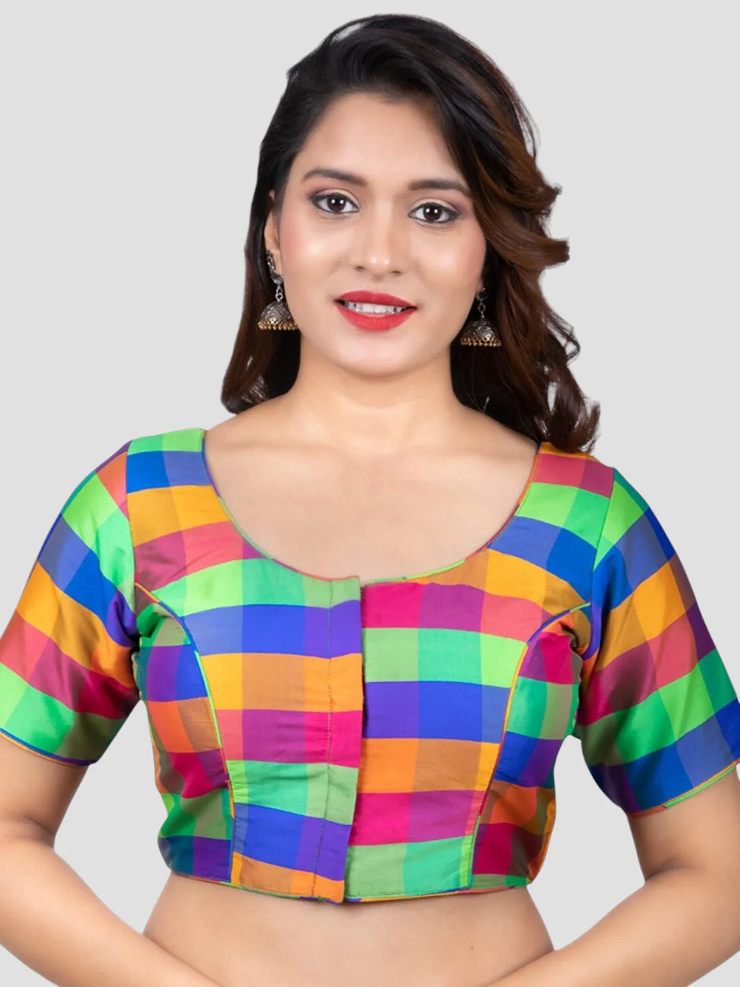 Multicolor Silk Round Neck Short Sleeves Readymade Blouse