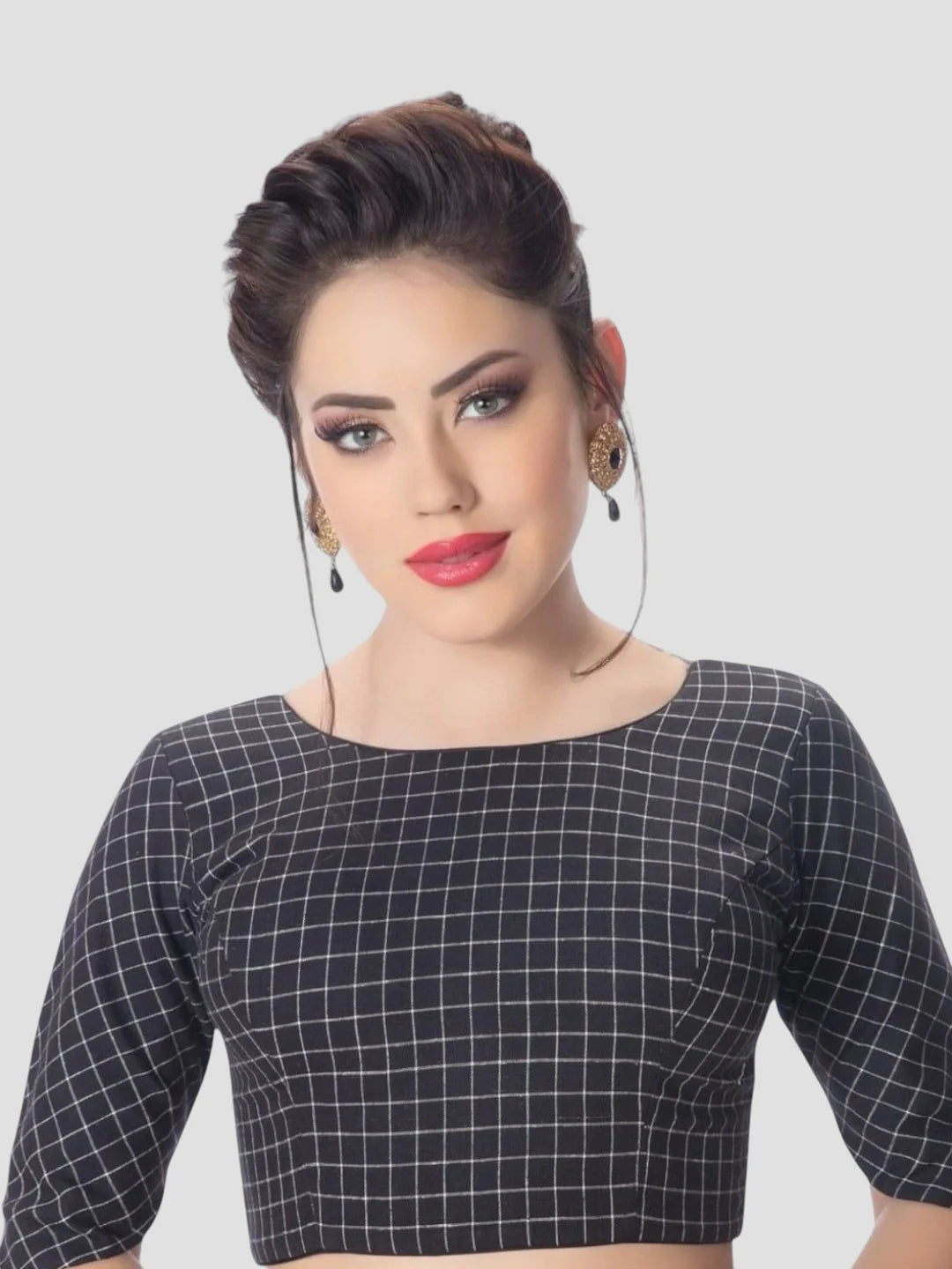 Black Cotton Round Neck Half Sleeves Readymade Blouse