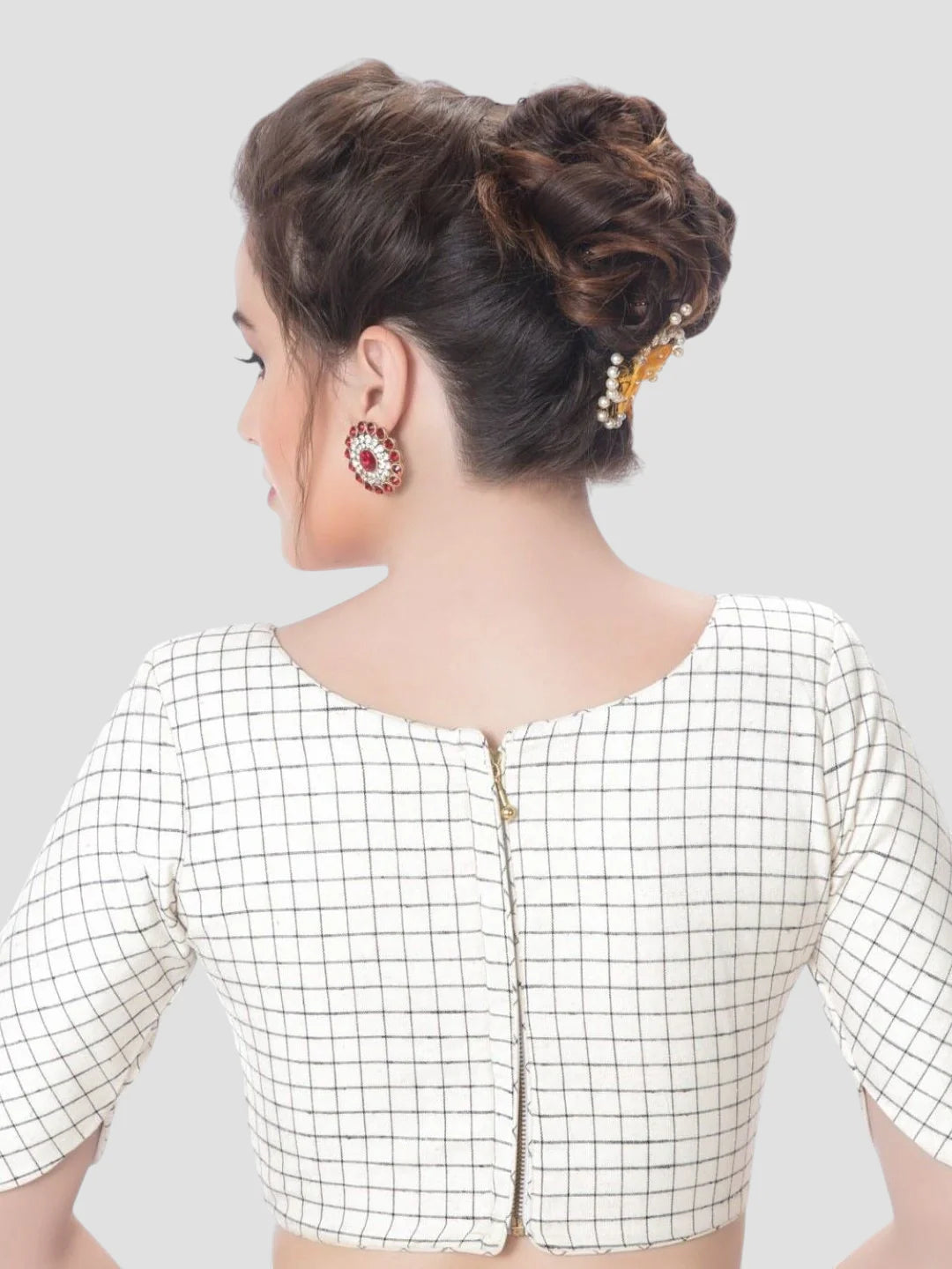 White Cotton Round Neck Half Sleeves Readymade Blouse