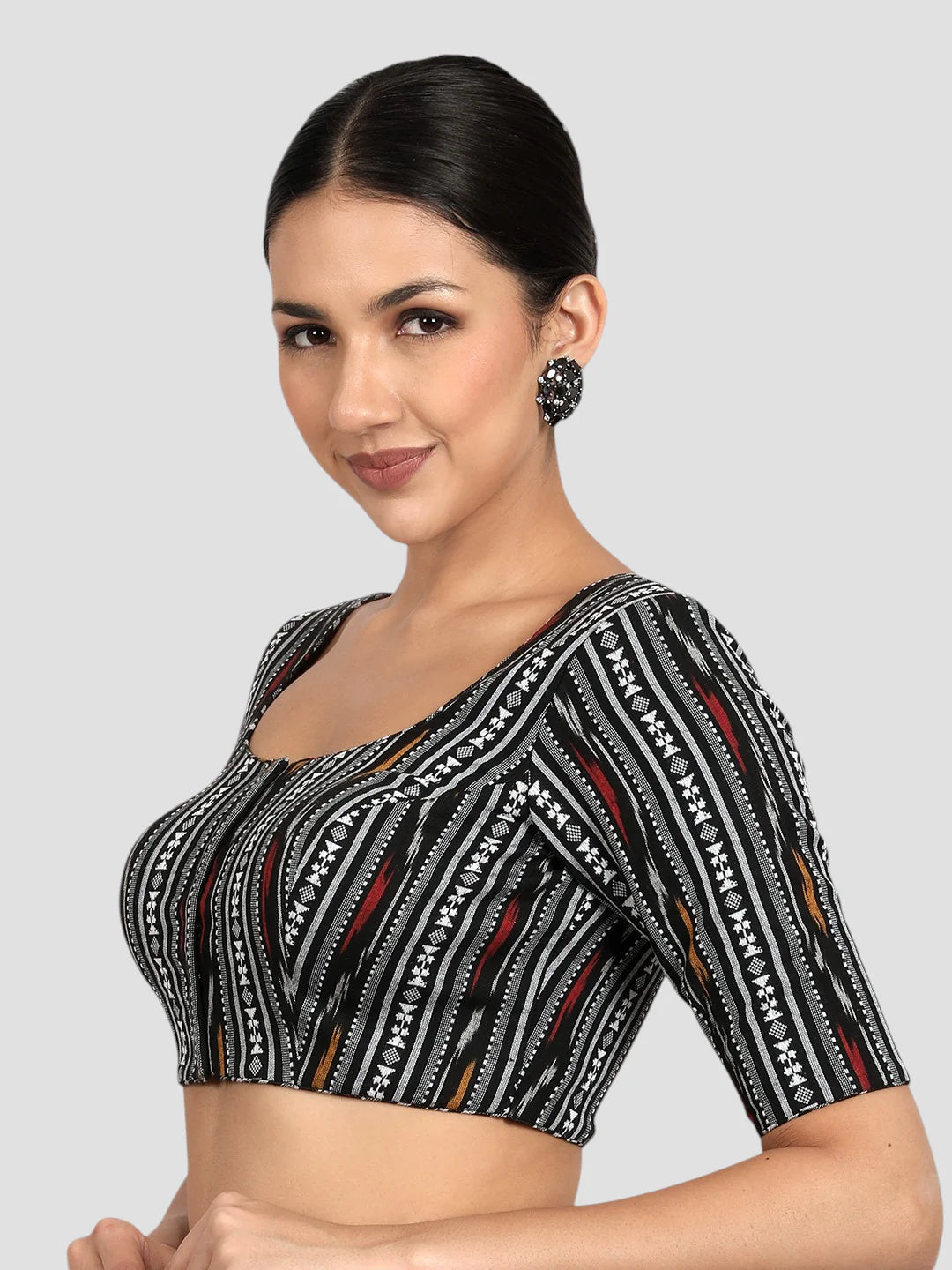 Black & Multicolored Ikat Print Cotton Readymade Saree Blousewith Half Sleeves & Deep Back Tie Up