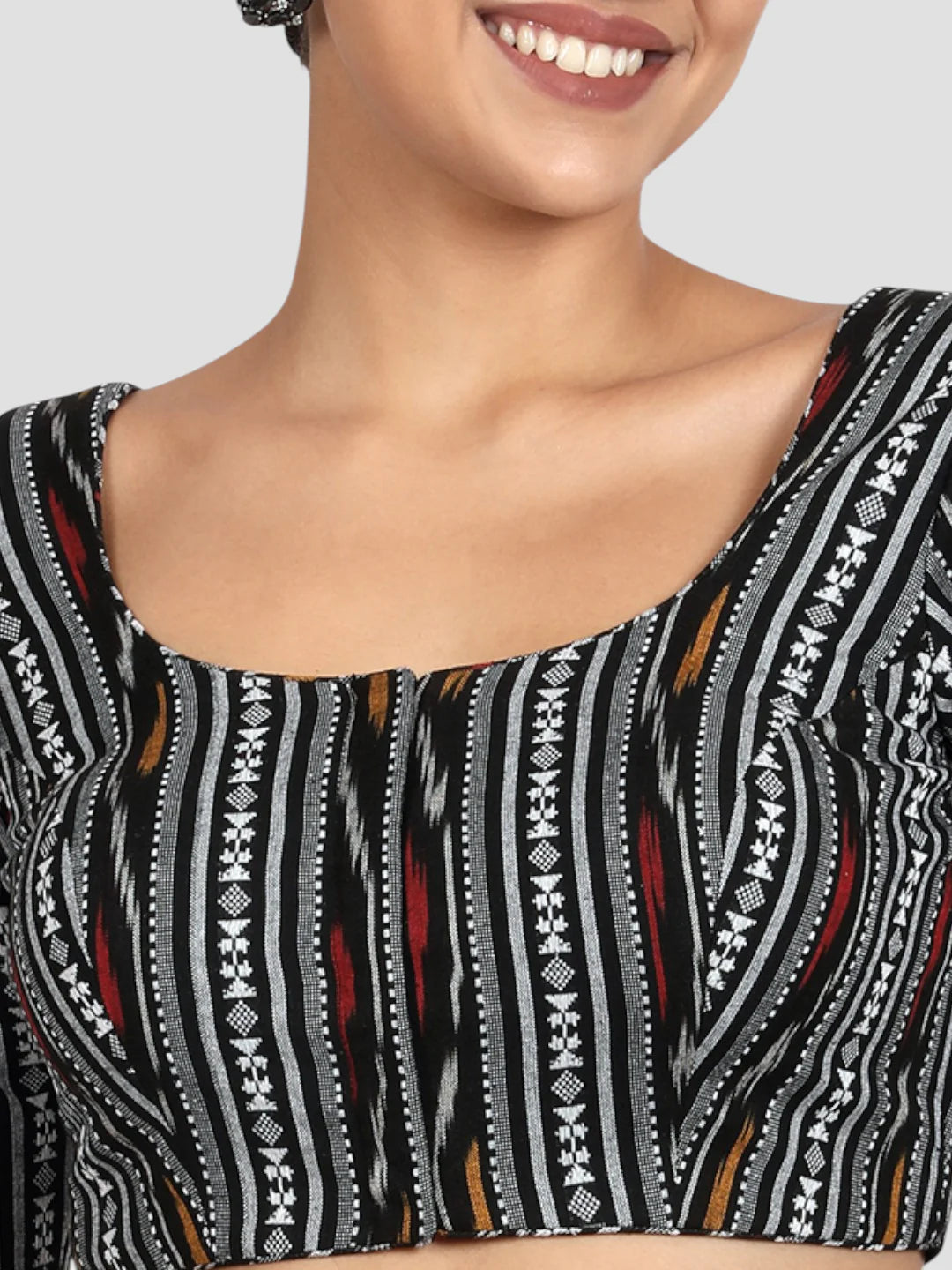 Black & Multicolored Ikat Print Cotton Readymade Saree Blousewith Half Sleeves & Deep Back Tie Up