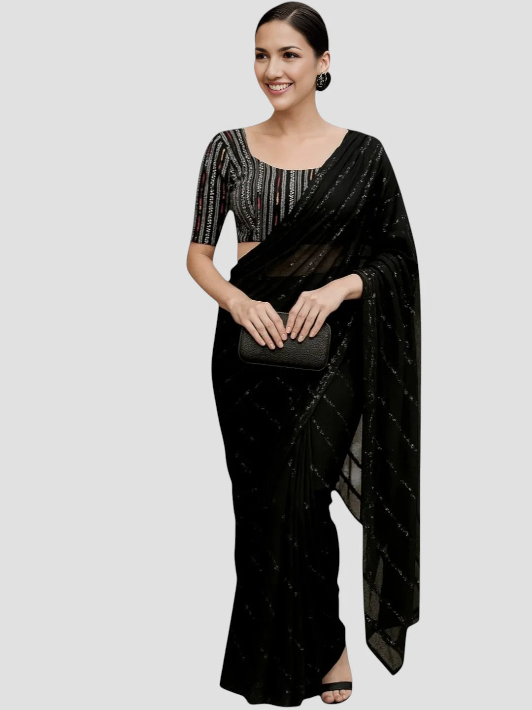 Black & Multicolored Ikat Print Cotton Readymade Saree Blousewith Half Sleeves & Deep Back Tie Up