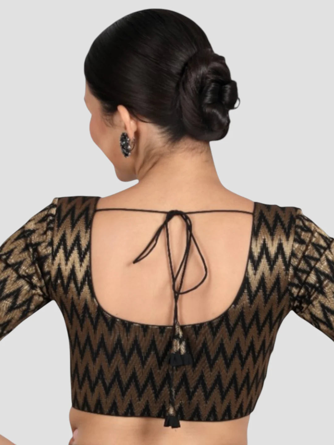 Black & Gold Zigzag Pattern Brocade Readymade Saree Blouse