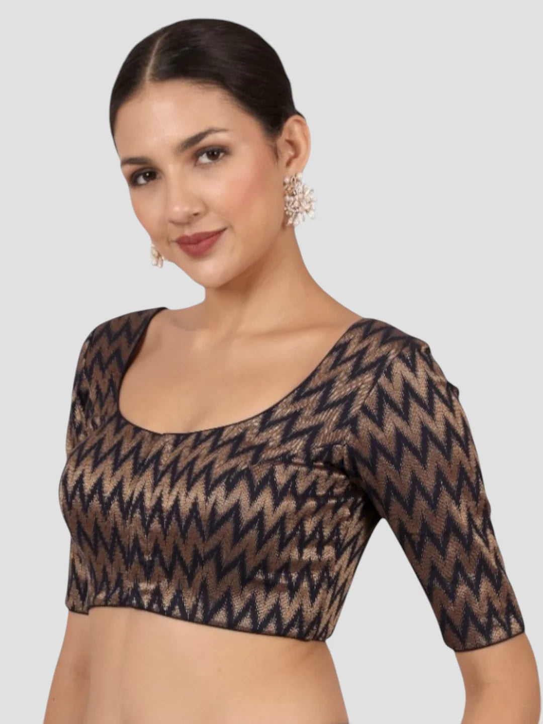 Navy Blue & Gold Zigzag Pattern Brocade Readymade Saree Blouse