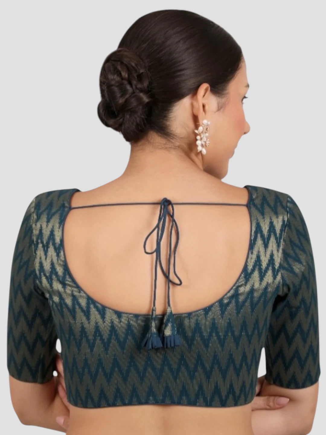 Teal Blue & Gold Zigzag Pattern Brocade Readymade Saree Blouse