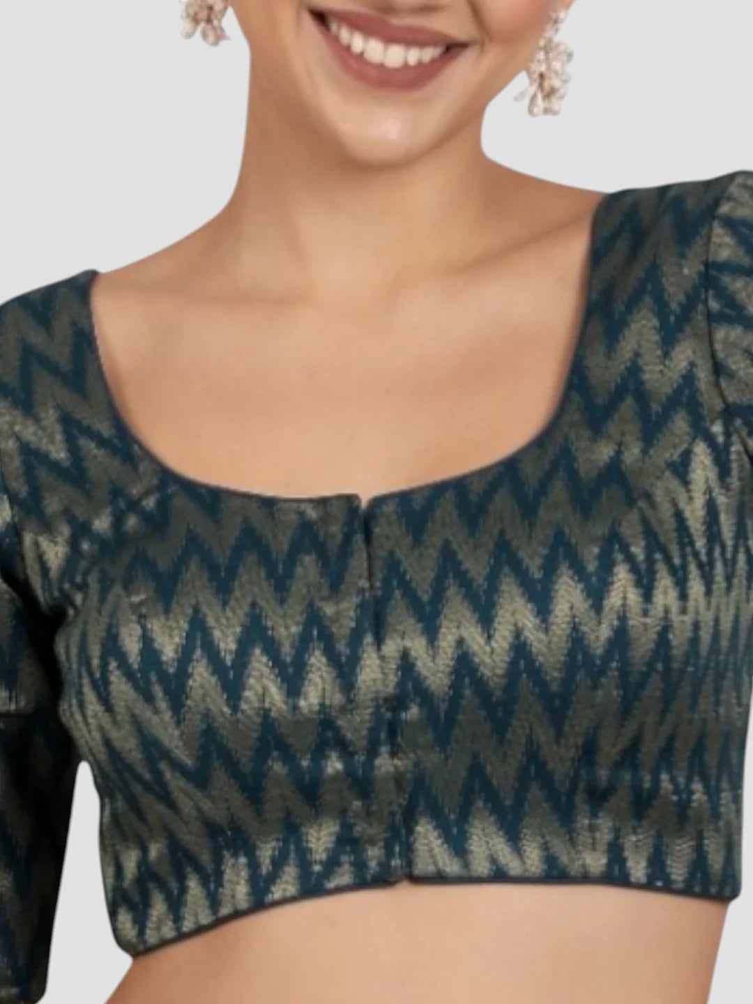 Teal Blue & Gold Zigzag Pattern Brocade Readymade Saree Blouse
