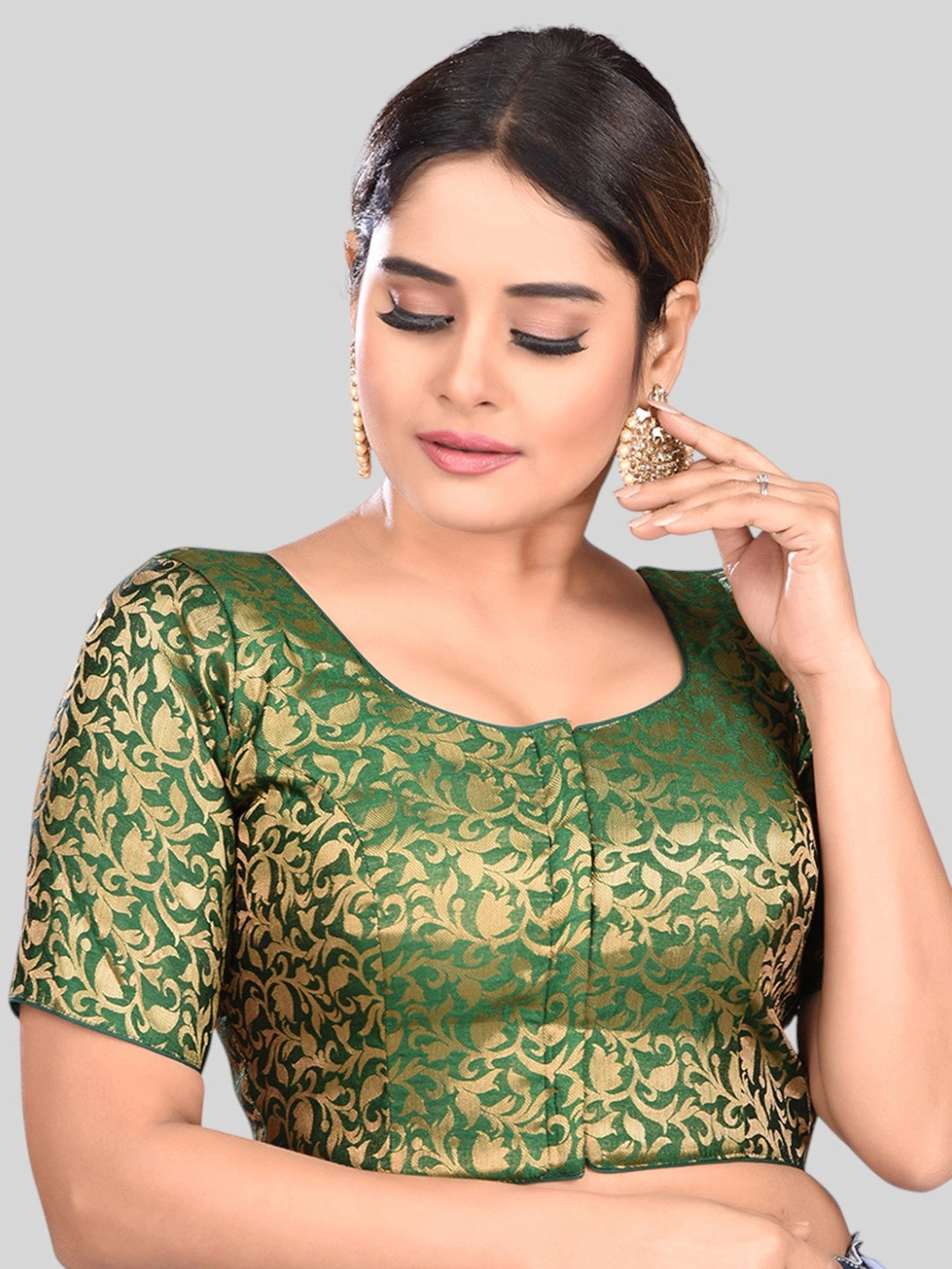 Green Brocade Round Neck Half Sleeves Readymade Blouse