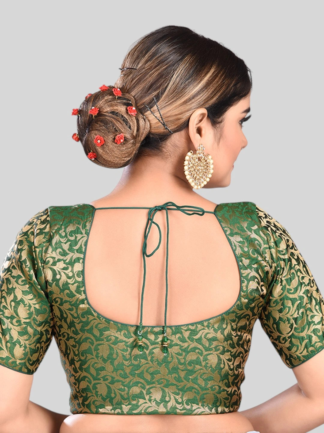 Green Brocade Round Neck Half Sleeves Readymade Blouse