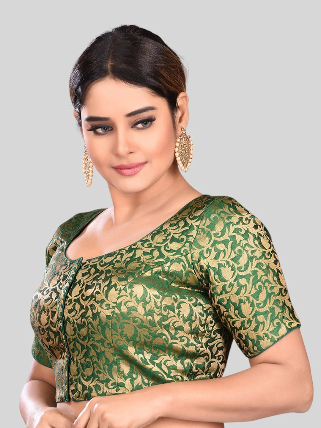 Green Brocade Round Neck Half Sleeves Readymade Blouse