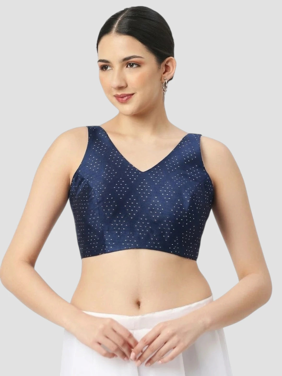 Navy Blue Dotted Printed Sleeveless Readymade Blouse with V-Neck & Back Hook Closure