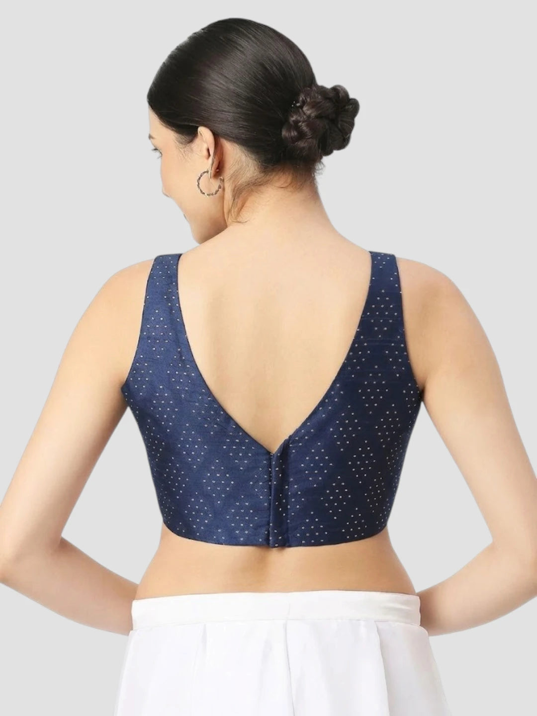 Navy Blue Dotted Printed Sleeveless Readymade Blouse with V-Neck & Back Hook Closure