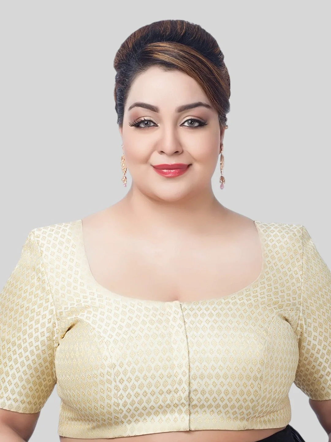 Creamy Brocade Round Neck Half Sleeves Readymade Blouse