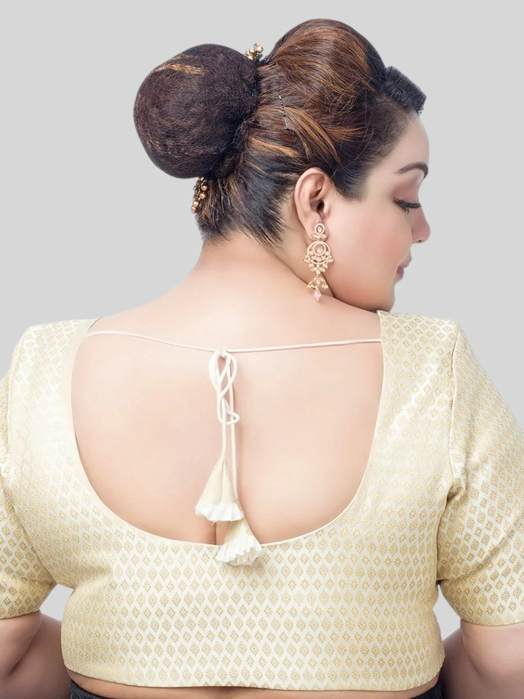 Creamy Brocade Round Neck Half Sleeves Readymade Blouse