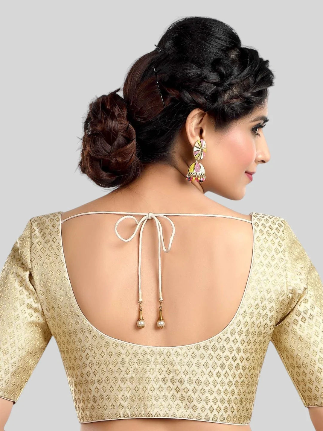 Creamy Brocade Round Neck Half Sleeves Readymade Blouse