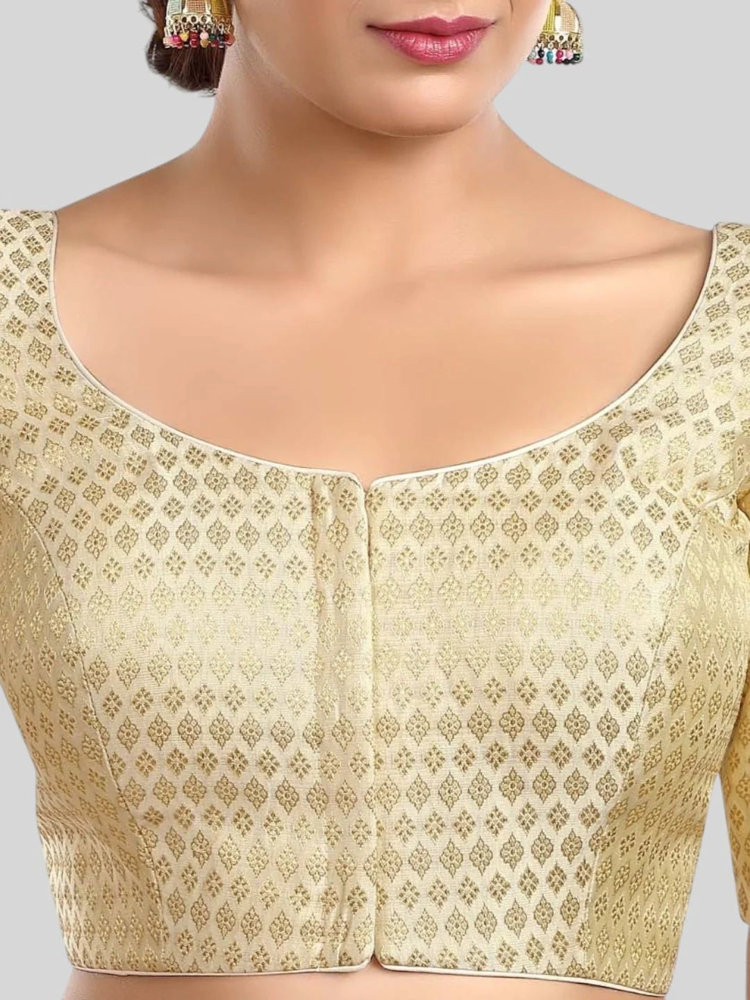 Creamy Brocade Round Neck Half Sleeves Readymade Blouse
