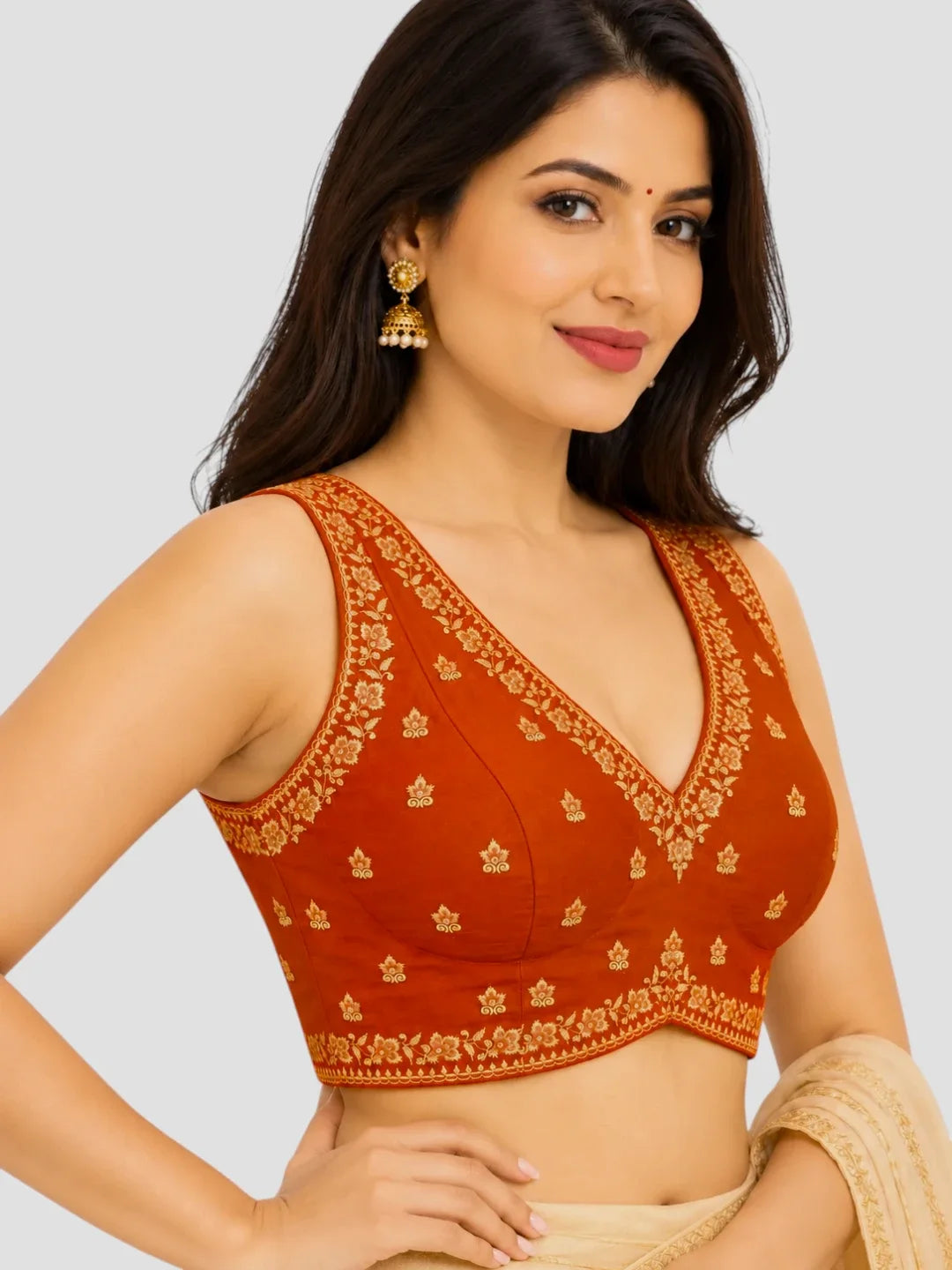 Rust Orange Dupion Silk Embroidered Sleeveless Ready-Made Saree Blouse with Deep V-Neck and Back Dori Tie-Up