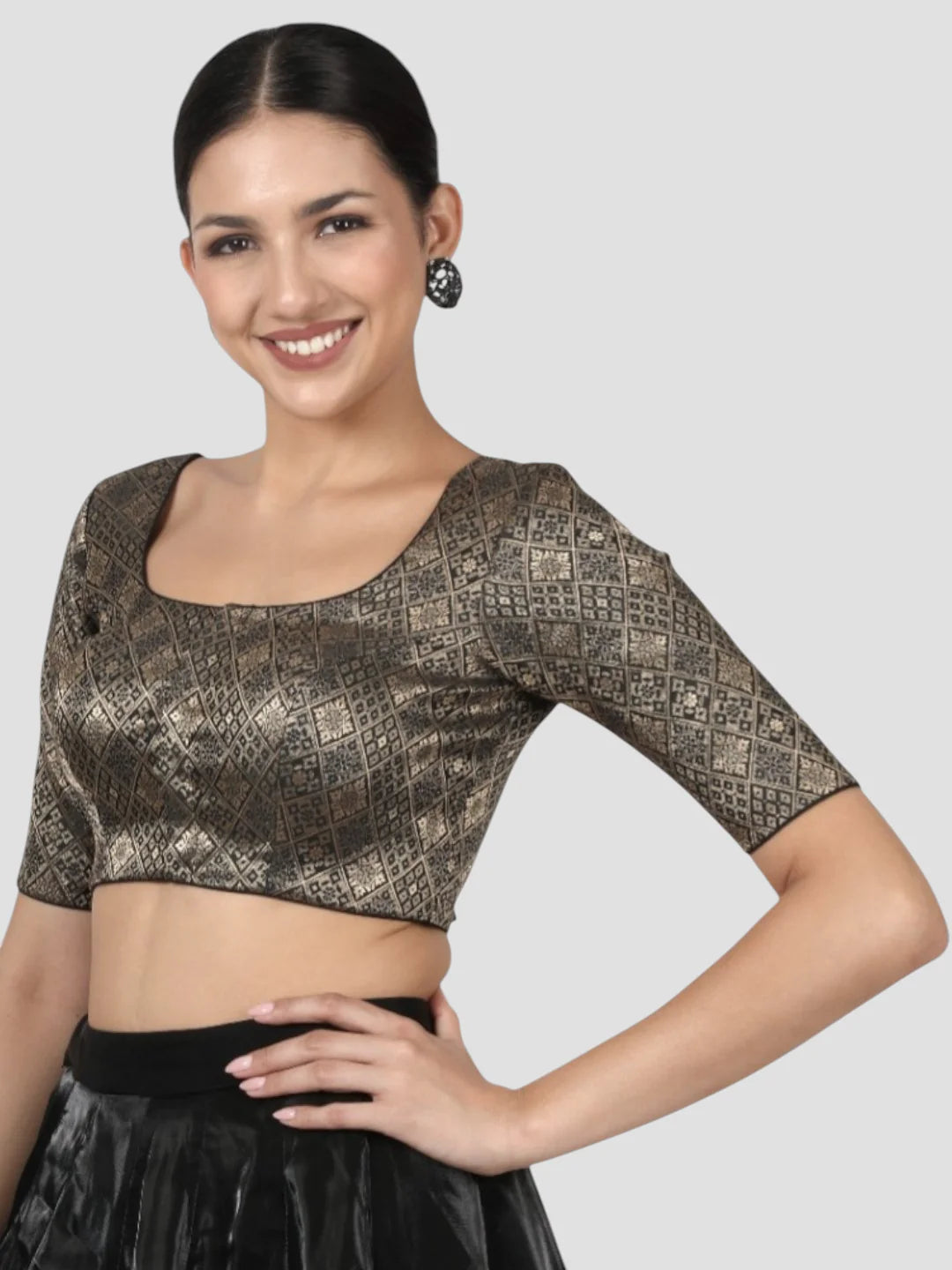 Black Brocade Padded Readymade Saree Blouse