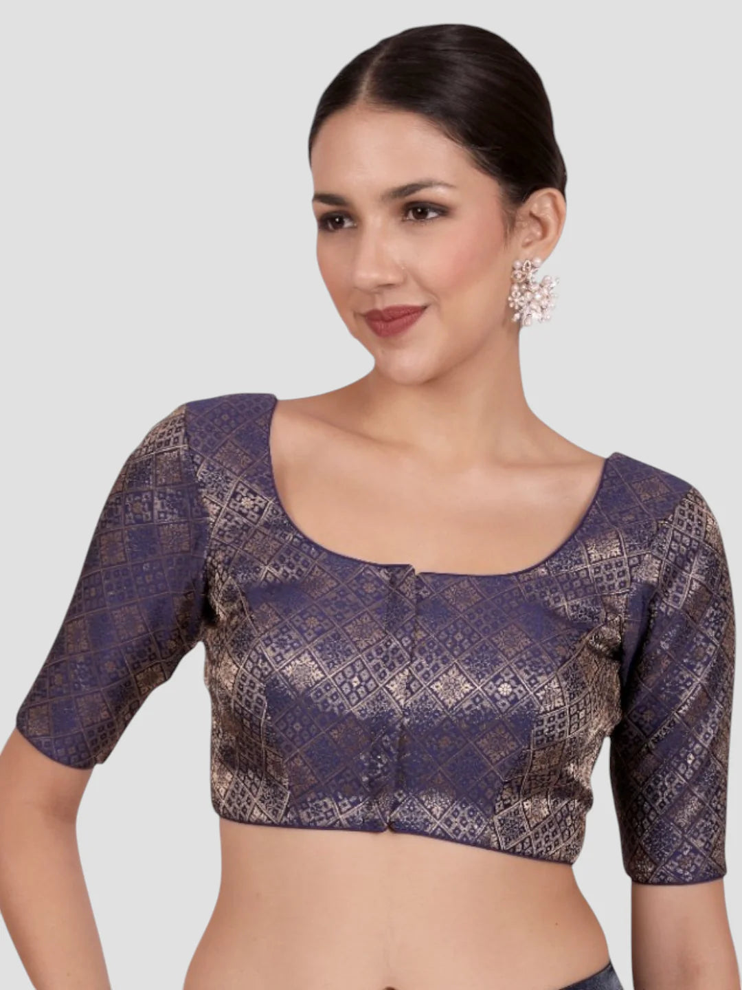 Navy Blue Brocade Padded Readymade Saree Blouse