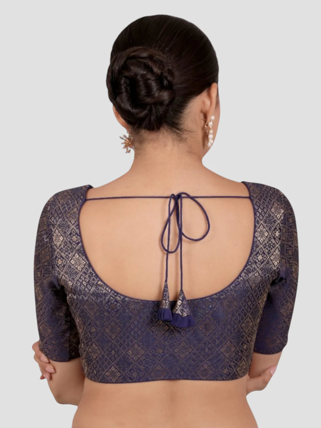 Navy Blue Brocade Padded Readymade Saree Blouse