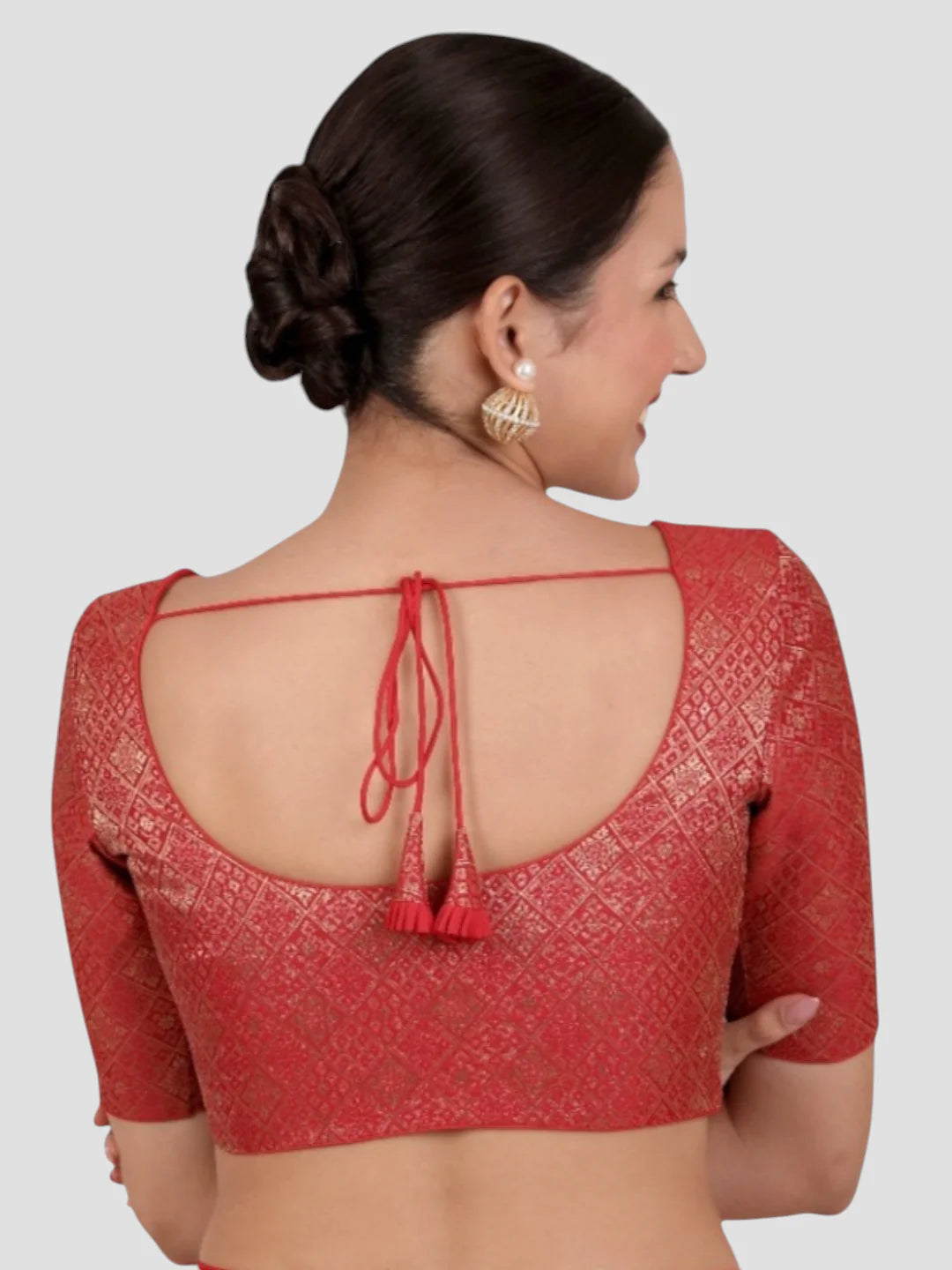 Red Brocade Padded Readymade Saree Blouse