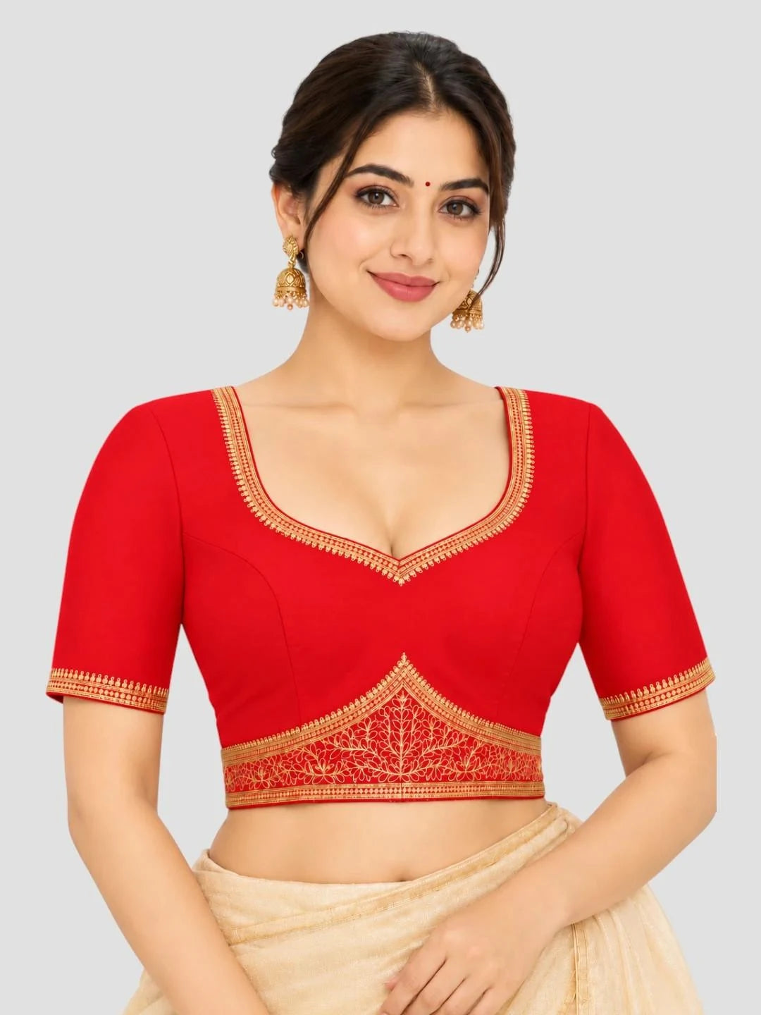 Red Dupion Silk Golden Embroidered Ready-Made Saree Blouse with Sweetheart Neck and Half Sleeves