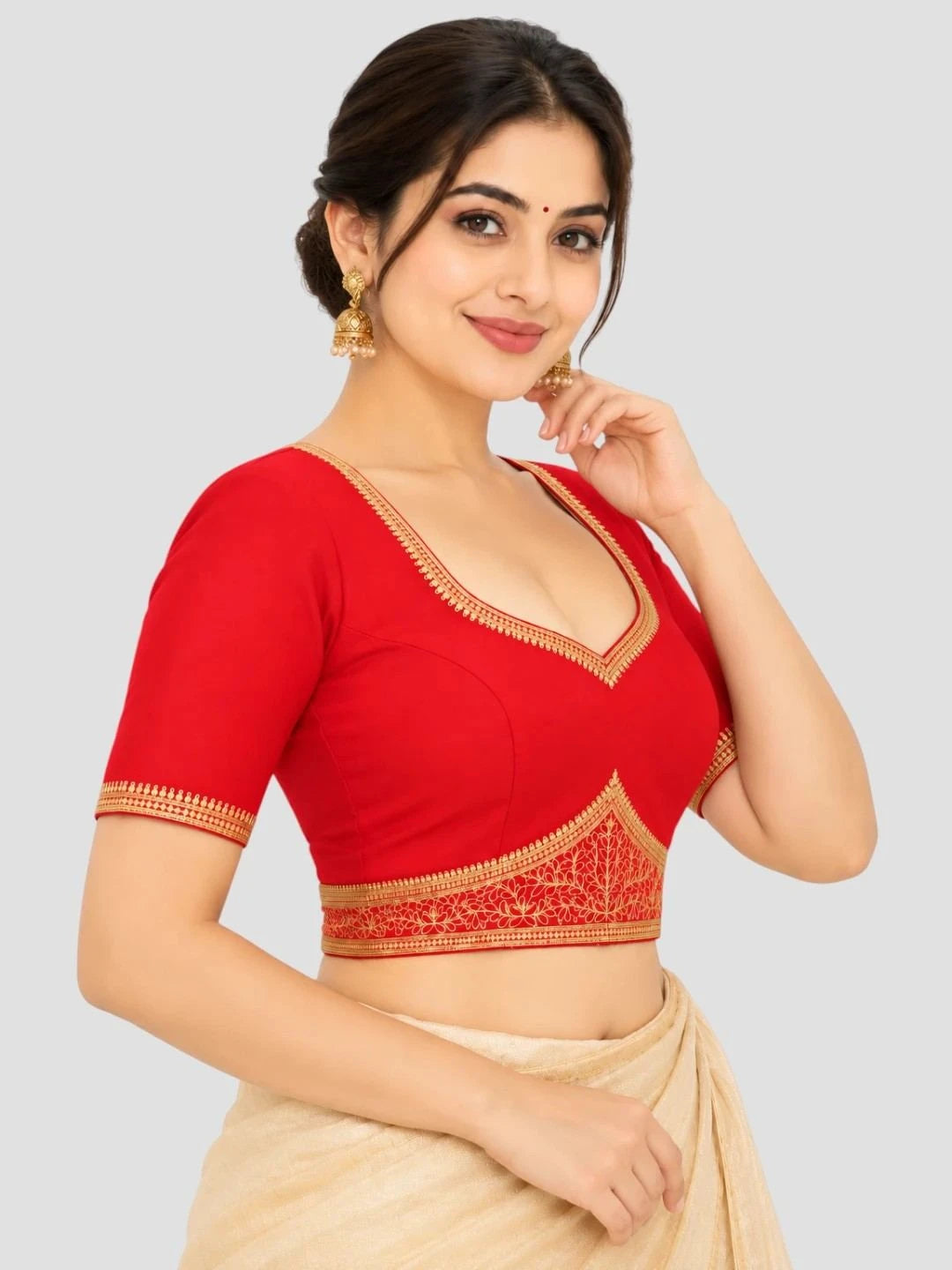 Red Dupion Silk Golden Embroidered Ready-Made Saree Blouse with Sweetheart Neck and Half Sleeves
