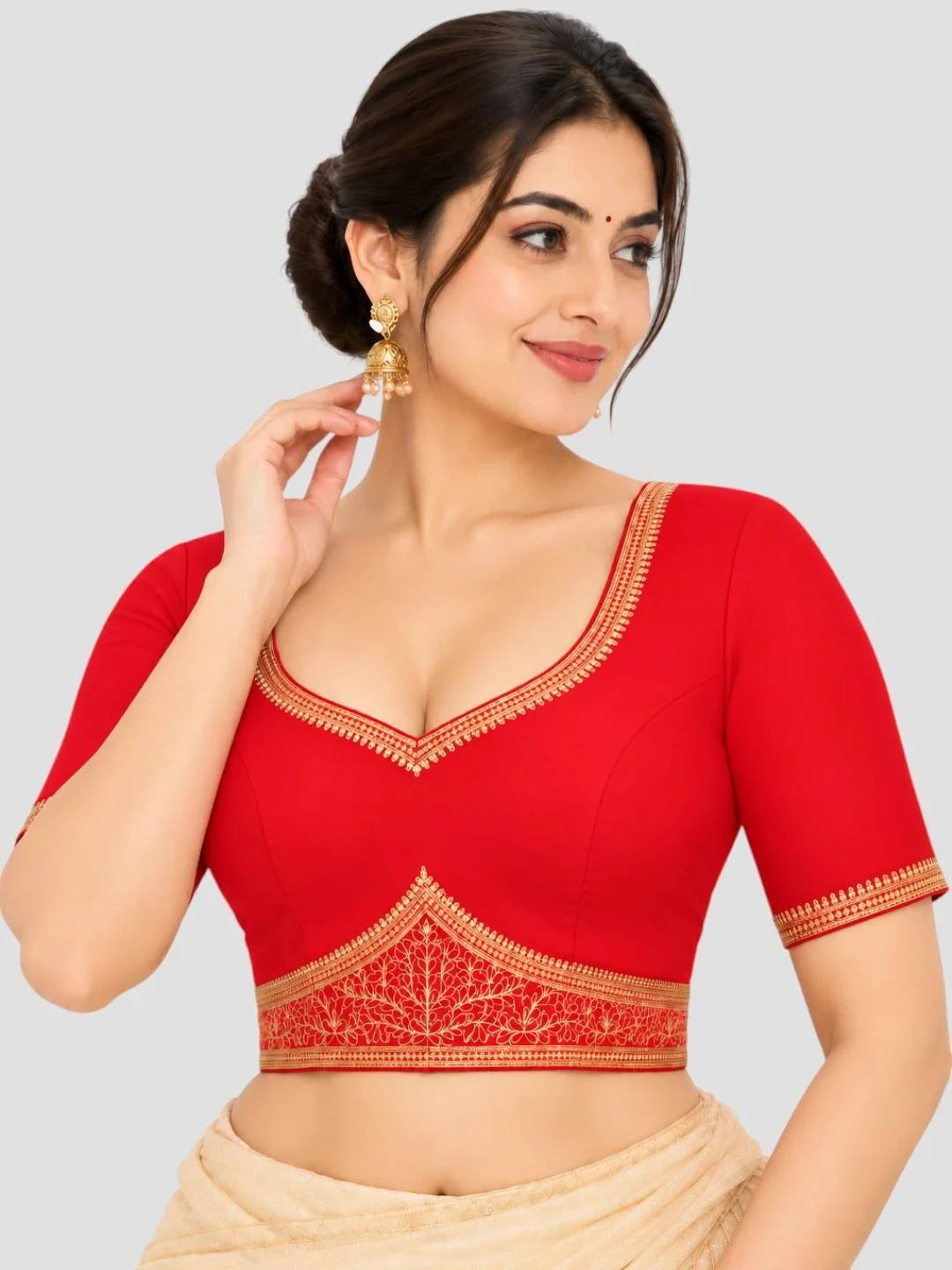 Red Dupion Silk Golden Embroidered Ready-Made Saree Blouse with Sweetheart Neck and Half Sleeves