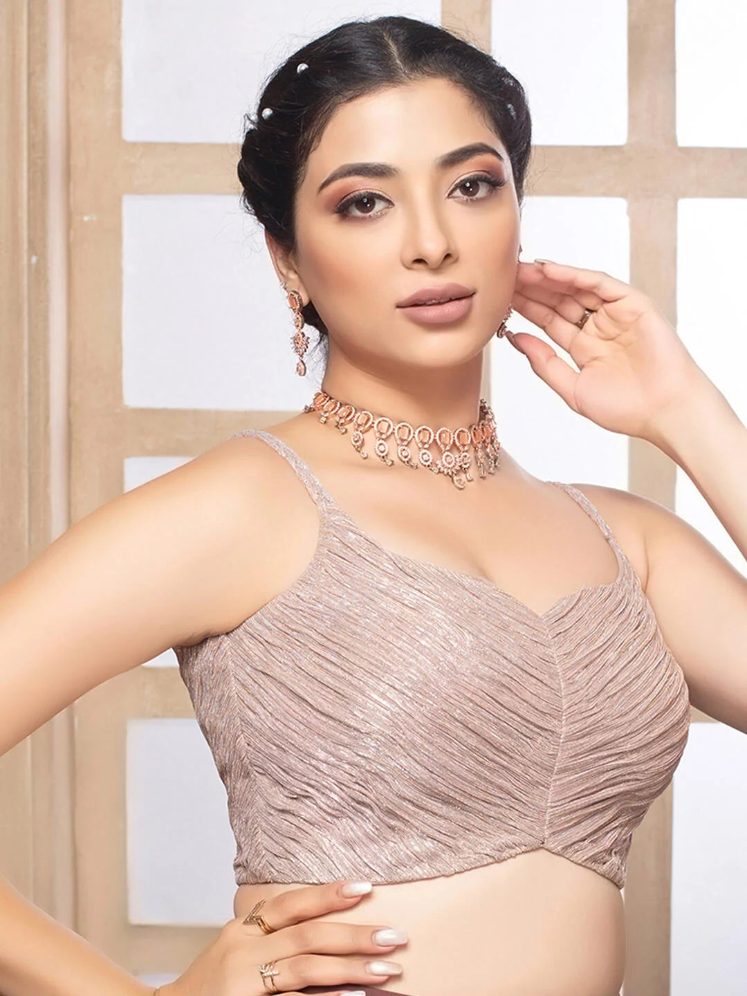 Beige Crush Tissue Deep Neck Sleeveless Readymade Blouse