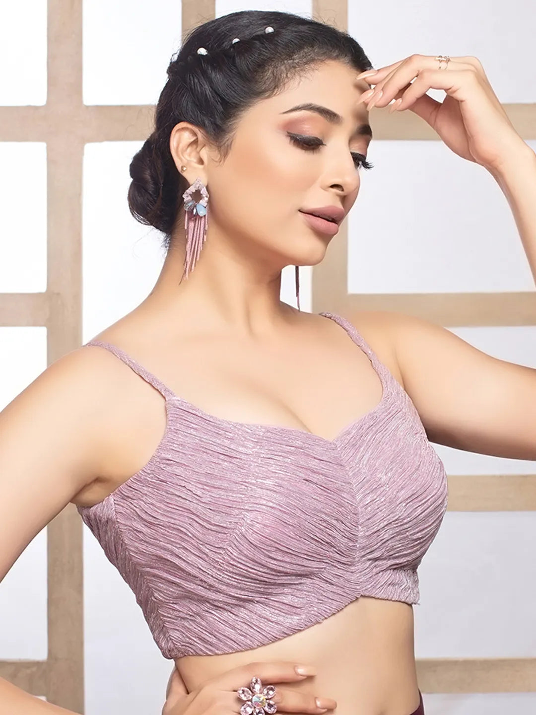 Lavender Crush Tissue Deep Neck Sleeveless Readymade Blouse