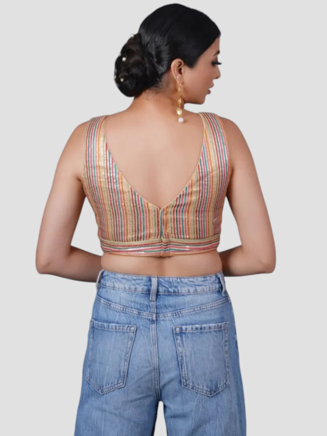 Multicolor Silk V Neck Sleeveless Readymade Blouse