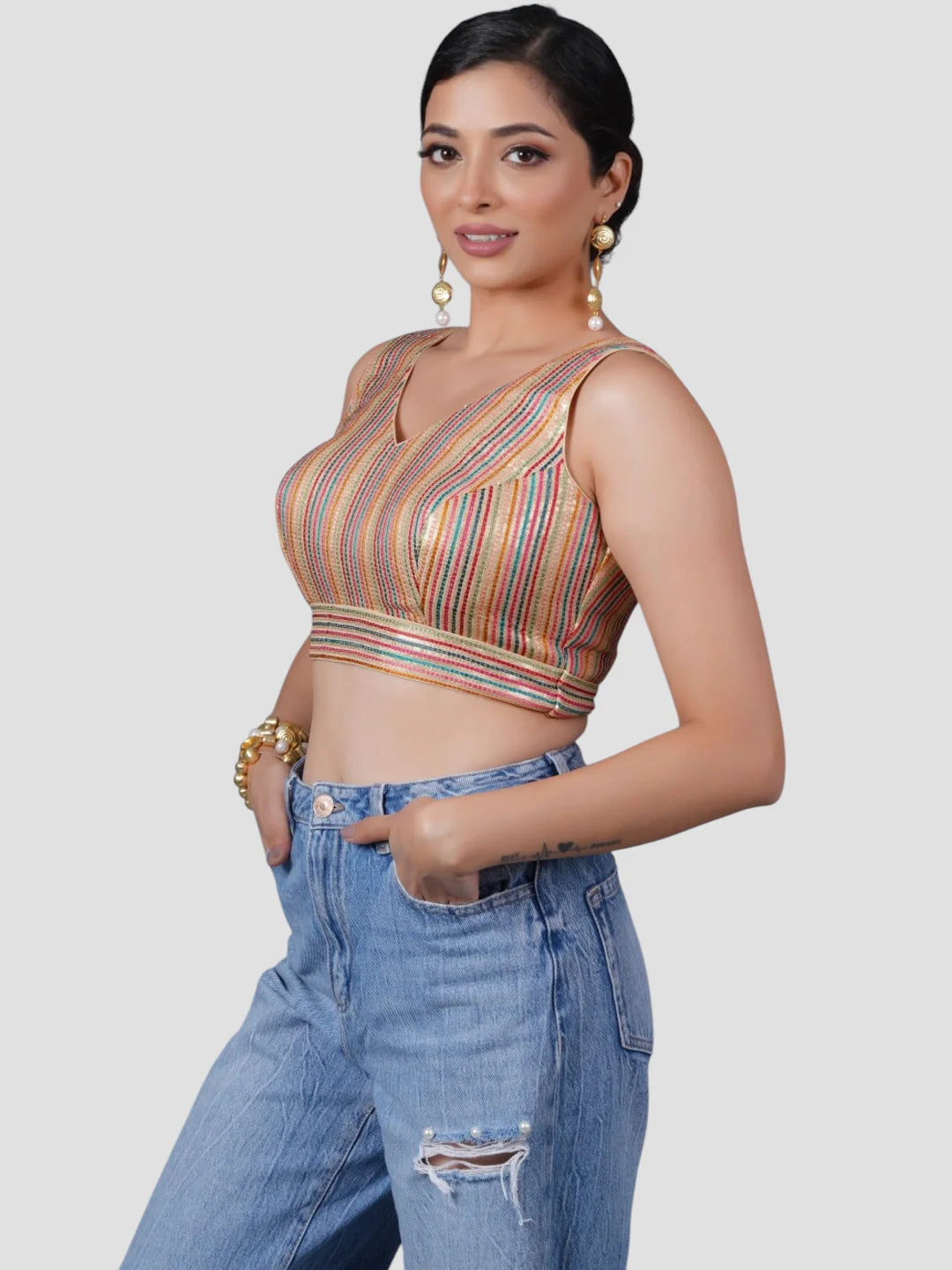 Multicolor Silk V Neck Sleeveless Readymade Blouse
