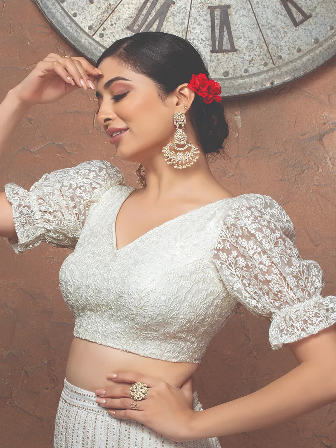 White Net V Neck Puff Sleeves Readymade Blouse