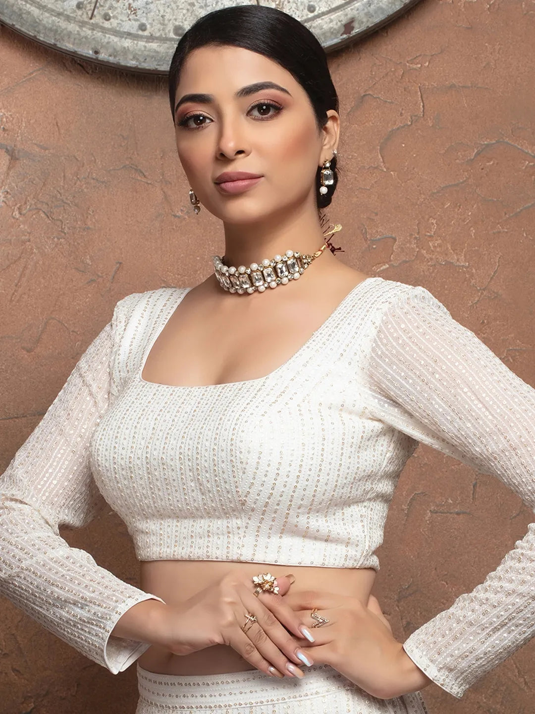 White Georgette Rectangle Neck Full Sleeves Readymade Blouse