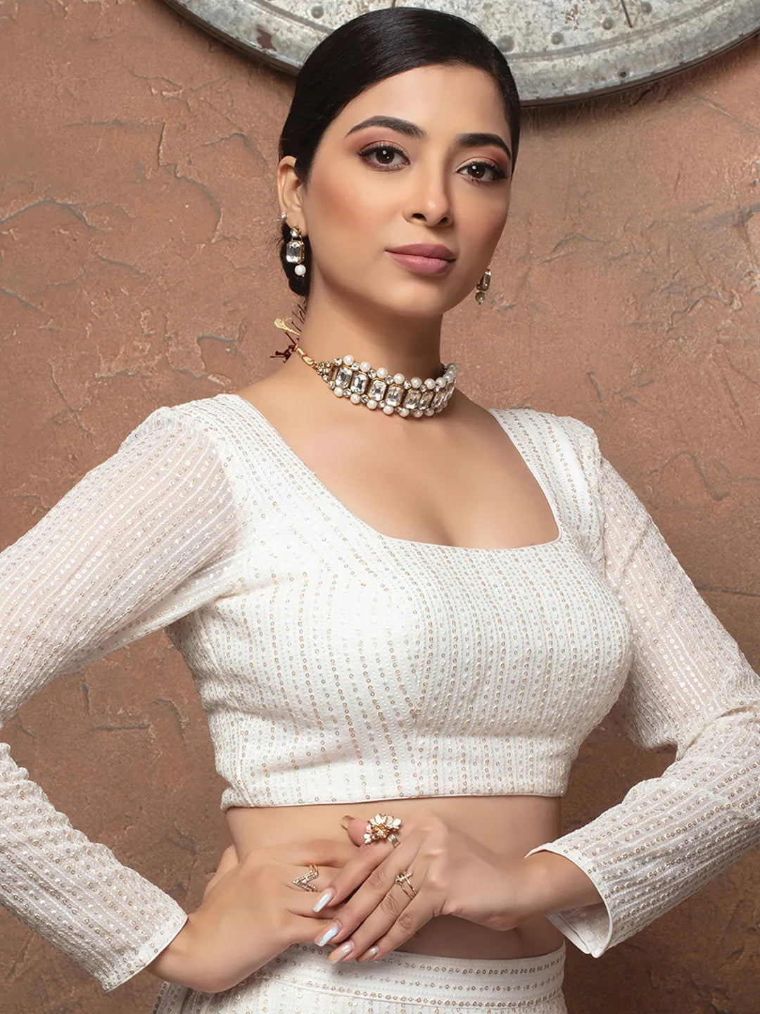 White Georgette Rectangle Neck Full Sleeves Readymade Blouse