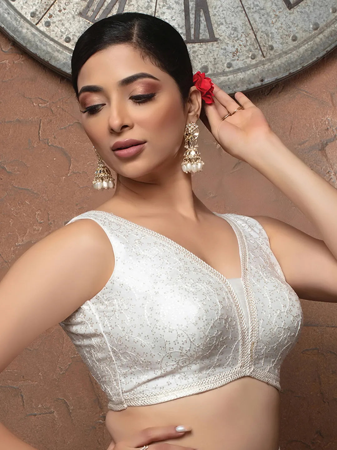 White Silk V Neck Sleeveless Readymade Blouse