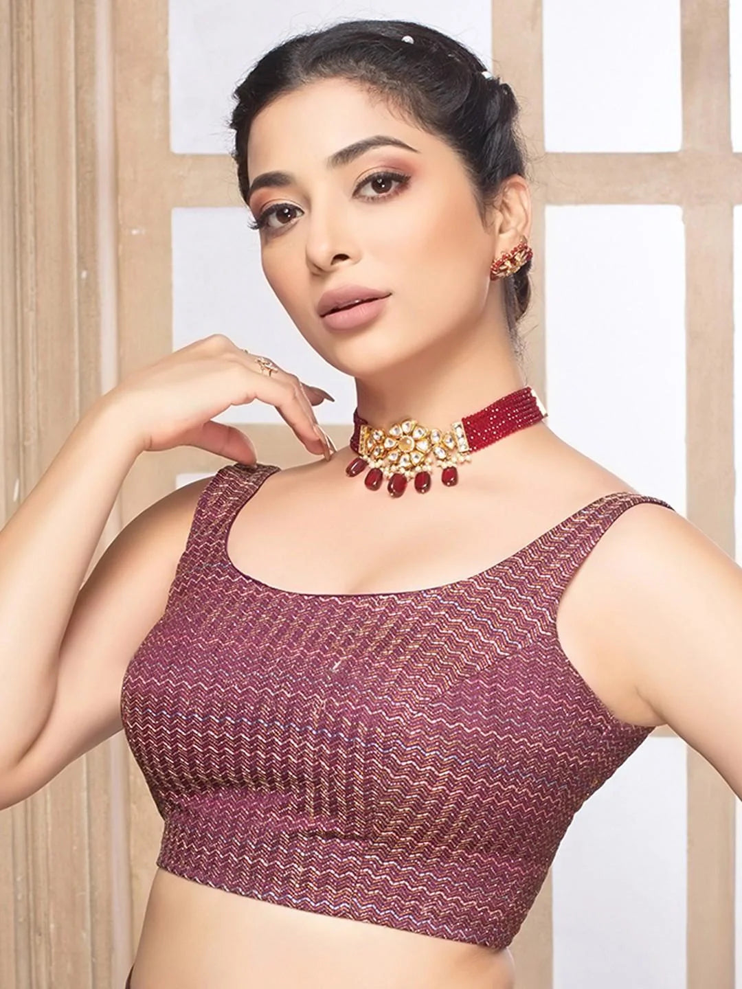 Maroon Sleeveless Round Neck Readymade Saree Blouse