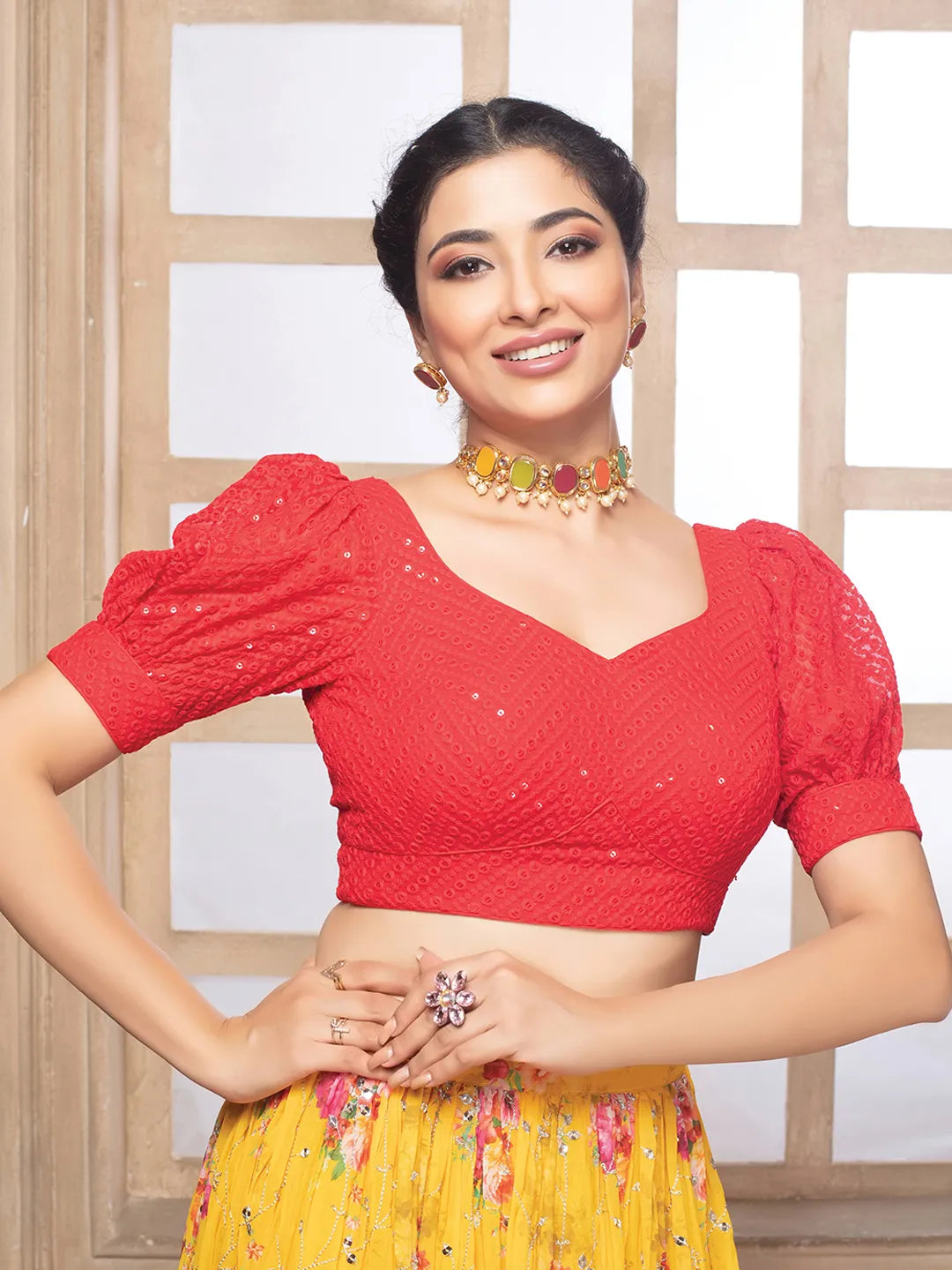 Red Georgette Deep Neck Puff Sleeves Readymade Blouse