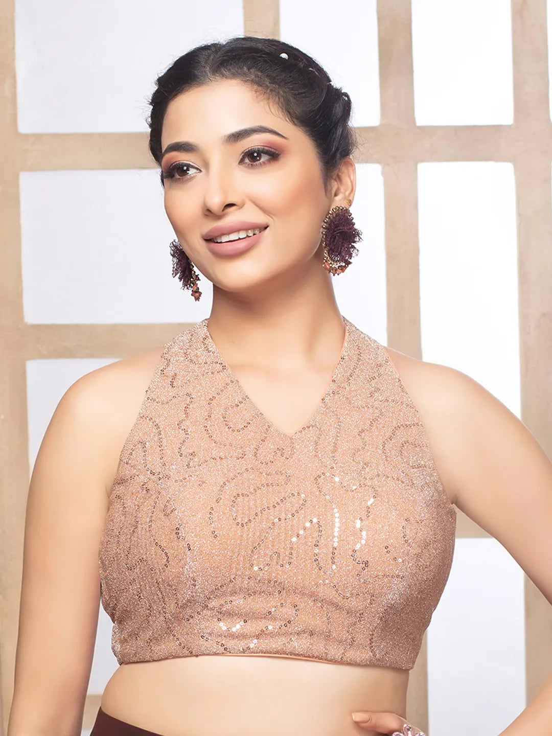 Light Brown Tissue Halter Neck Sleeveless Readymade Blouse