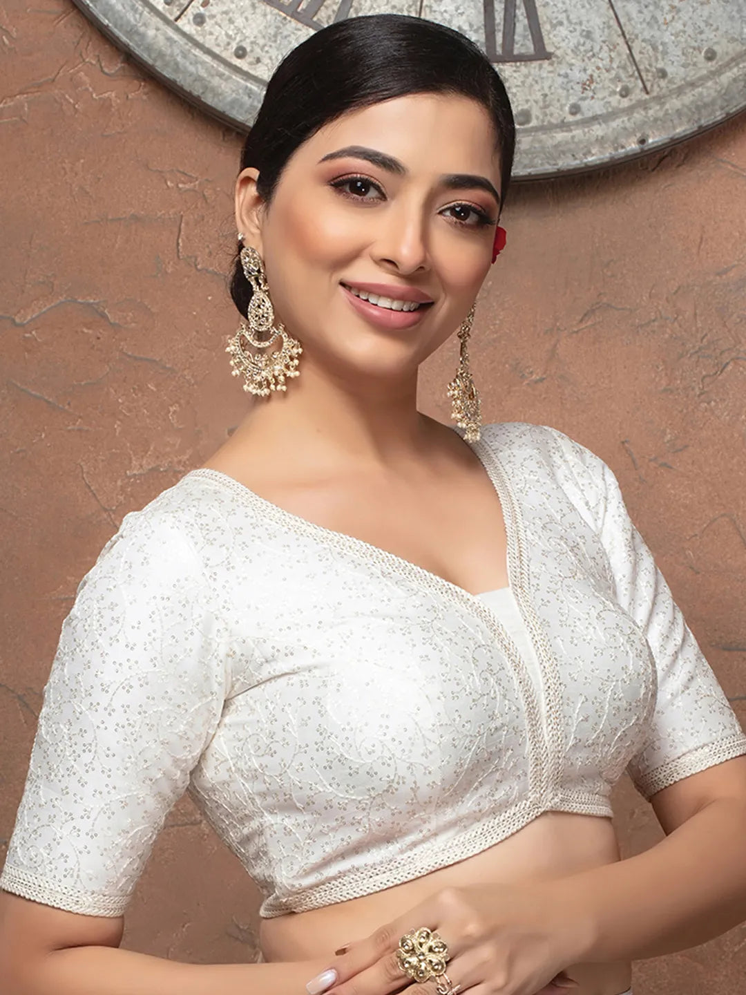 Half Sleeves White Silk V Neck Readymade Blouse