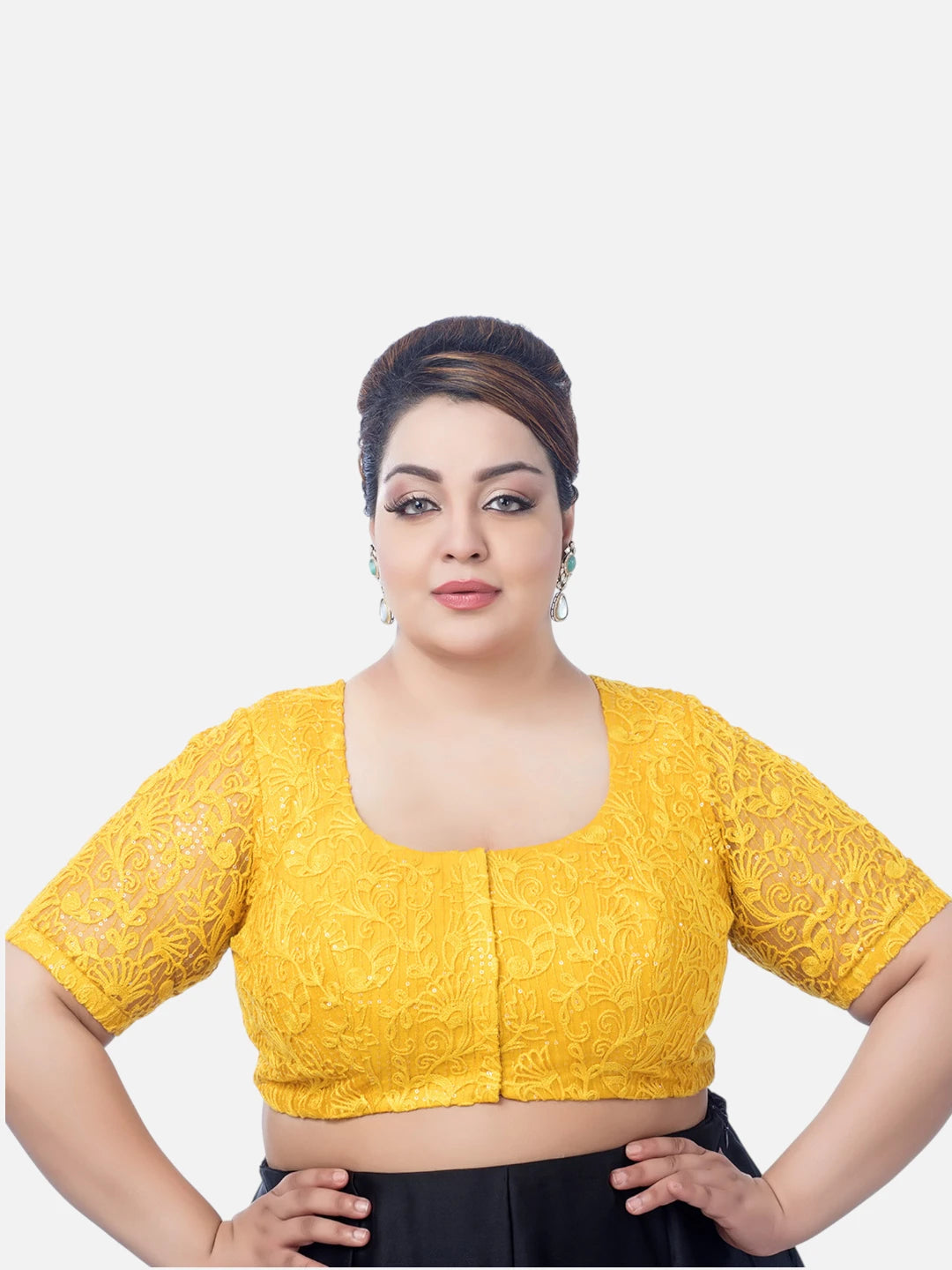 Yellow Net Round Neck Half Sleeves Readymade Blouse