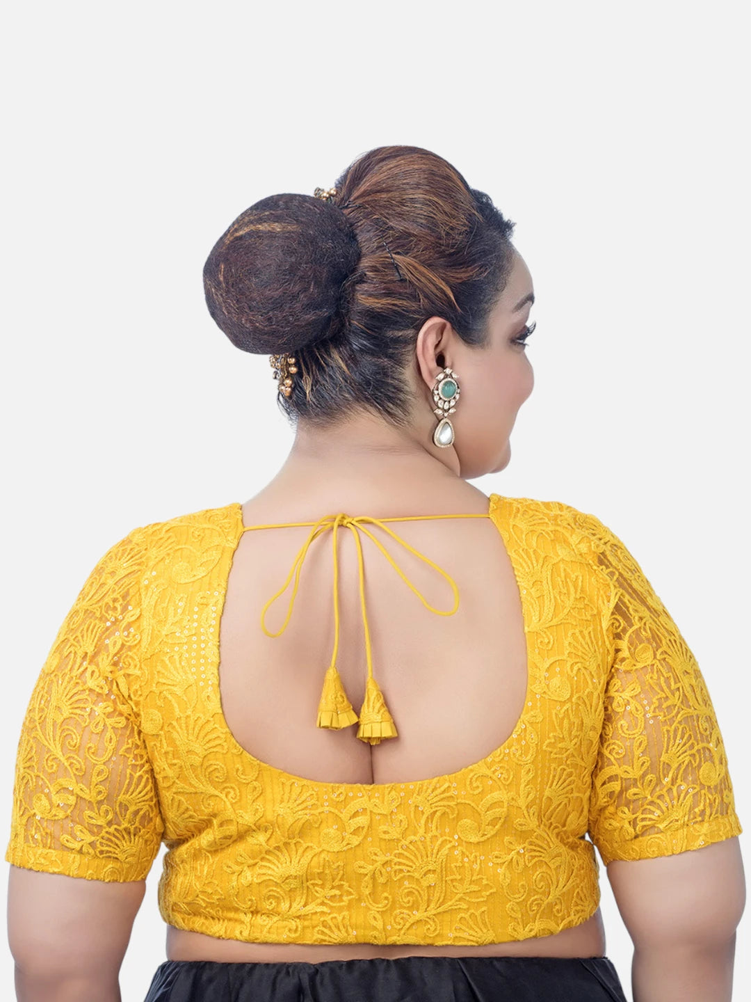 Yellow Net Round Neck Half Sleeves Readymade Blouse